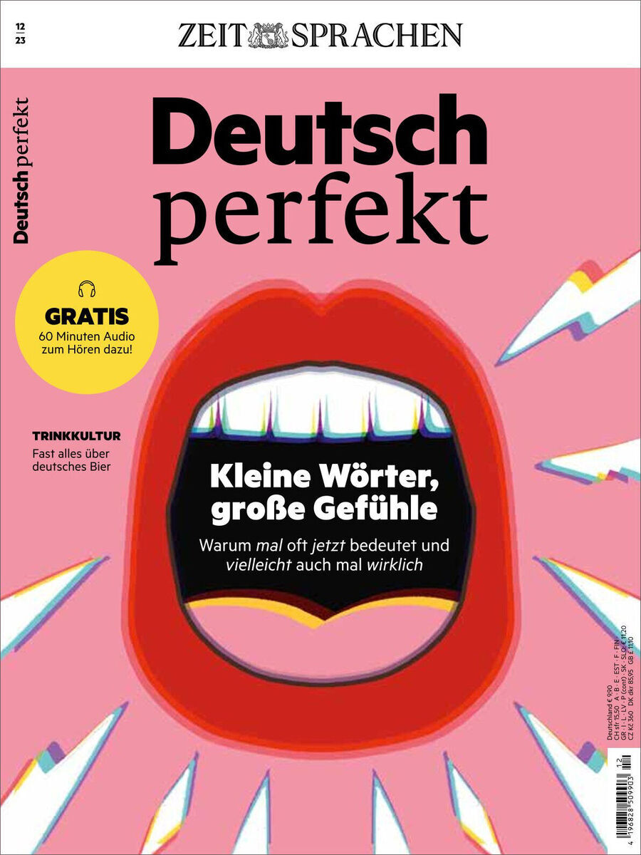 Deutsch perfekt Magazin 12/2023. Das Cover zeigt ein Illustrationsbild eines offenen Mundes in Rottönen auf rosa Hintergrund mit dem Titel 'Kleine Wörter, große Gefühle'.