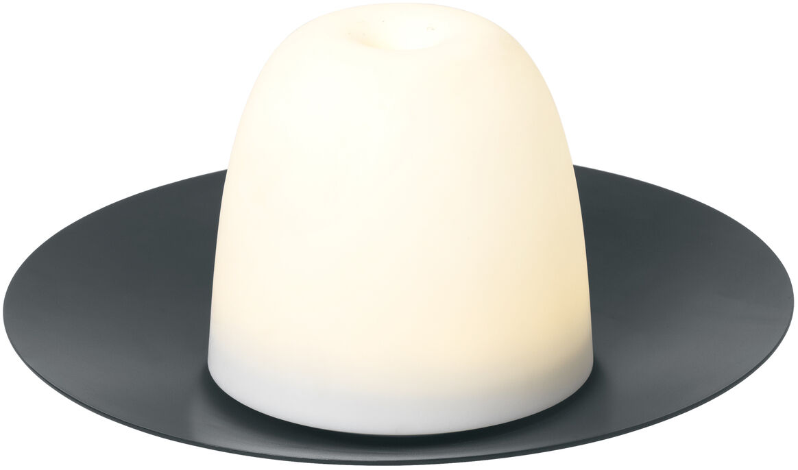 Ein modernes LED Tischleuchte-Modell mit dem Namen »ANI«, das auf einer schwarzen Basis steht und ein weißes, sanft leuchtendes Licht ausstrahlt. Geeignet für verschiedene Anlässe und Räume im Haus.
