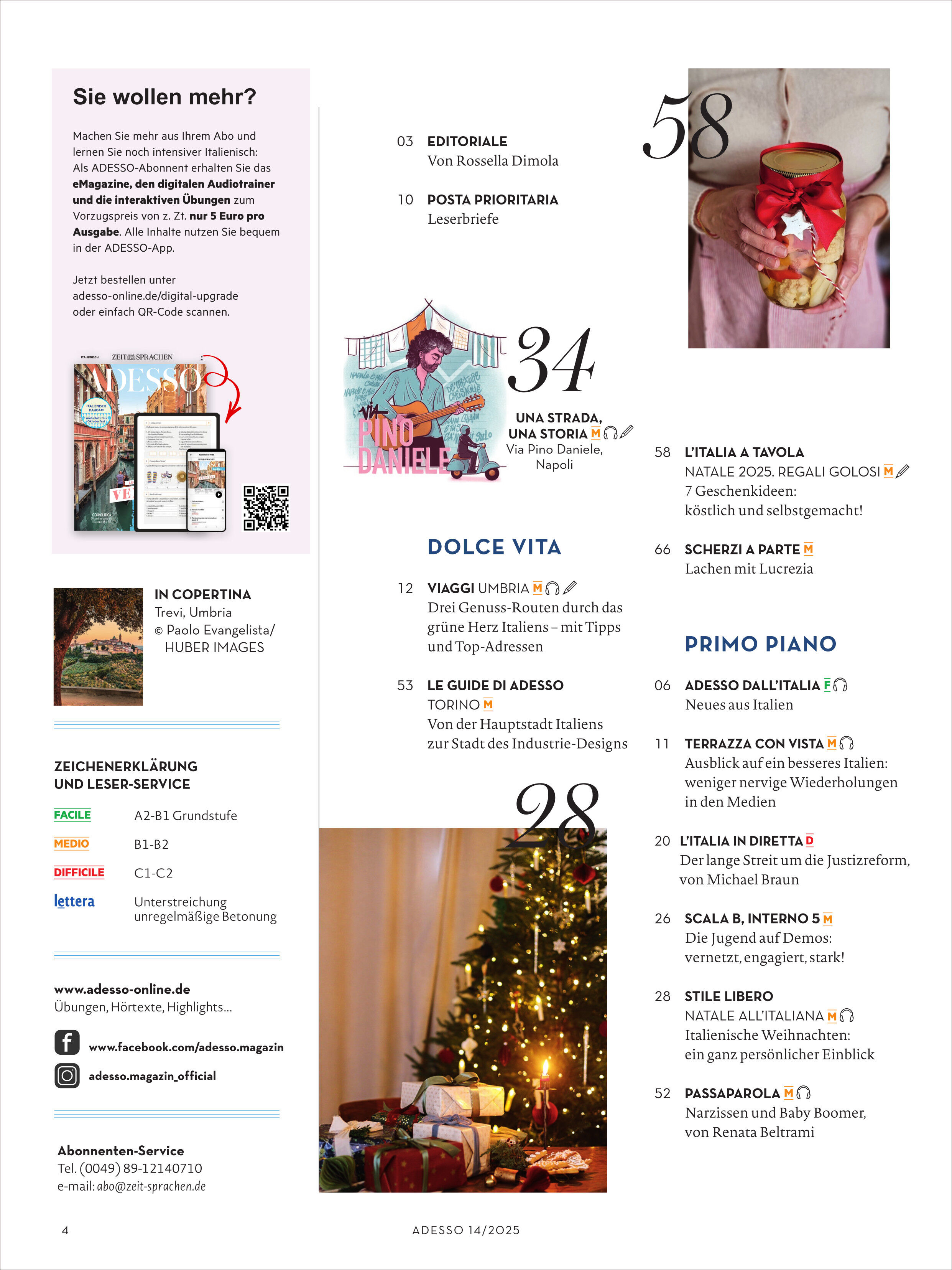 Auf einer Inhaltsseite des Adesso Magazins 14/2025 sind oben Textblöcke mit Rubrikenüberschriften wie 'DOLCE VITA' und 'PRIMO PIANO' gelistet. Rechts oben ist ein quadratisches Foto einer Frau mit Geschenk auf dem Schoß, unten rechts ein Foto eines festlich geschmückten Weihnachtsbaums.