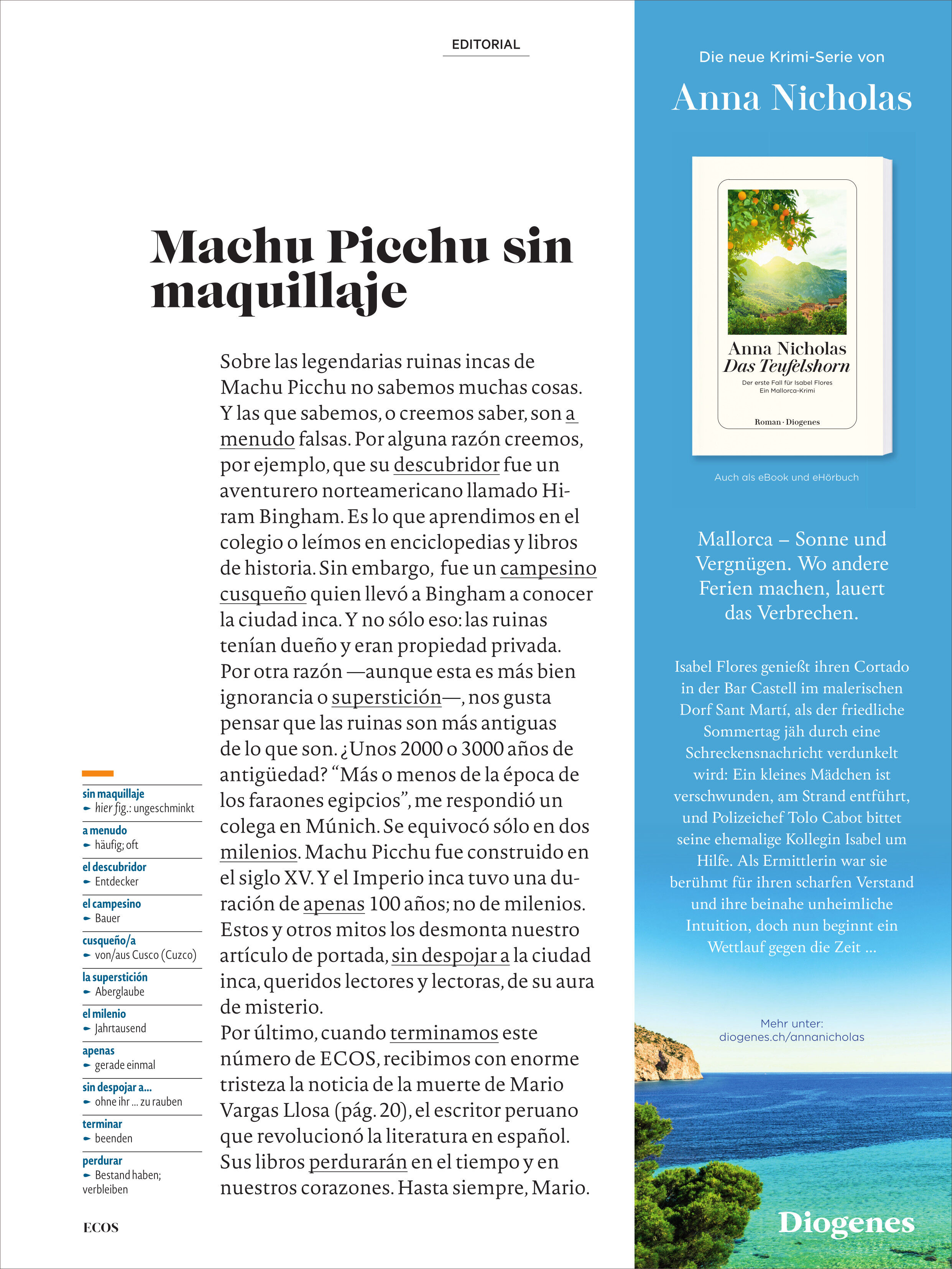 Abbildung einer Seite aus dem 'Ecos Magazin 7/2025'. Der Text behandelt Machu Picchu und enthält ein Buchhinweis auf Anna Nicholas’ Roman 'Mallorca - Sonne und Verbrechen' von Diogenes. Rechts unten ein kleiner Ausschnitt der Meeresküste. Farben sind hauptsächlich Weiß und Blau.