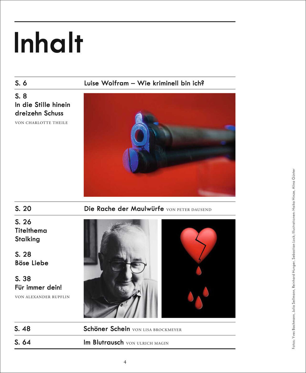Das Bild zeigt eine Seite des Inhaltsverzeichnisses der Zeitschrift ZEIT Verbrechen 10/21. Es enthält vier Abschnitte mit Titeln wie 'Luise Wolfram - Wie kriminell bin ich?' und 'Die Rache der Maulwürfe'. Insgesamt sind sechs Bücher besprochen, begleitet von Bildern, darunter ein Bild von einer Waffe und ein Herzsymbol mit einem Blitz.