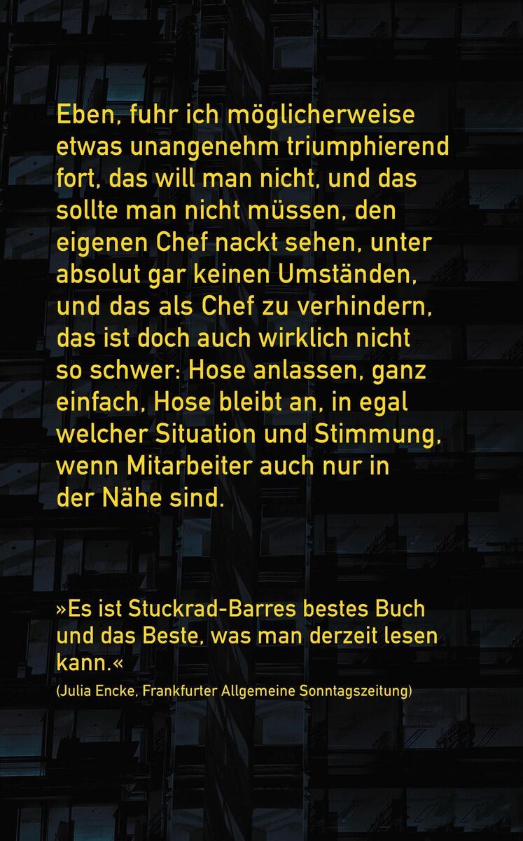 Cover des Buches 'Noch Wach?' von Benjamin von Stuckrad-Barre, mit Rezensionstext und Beleuchtung verschiedener Zitate in gelber Schrift auf dunklem Hintergrund.