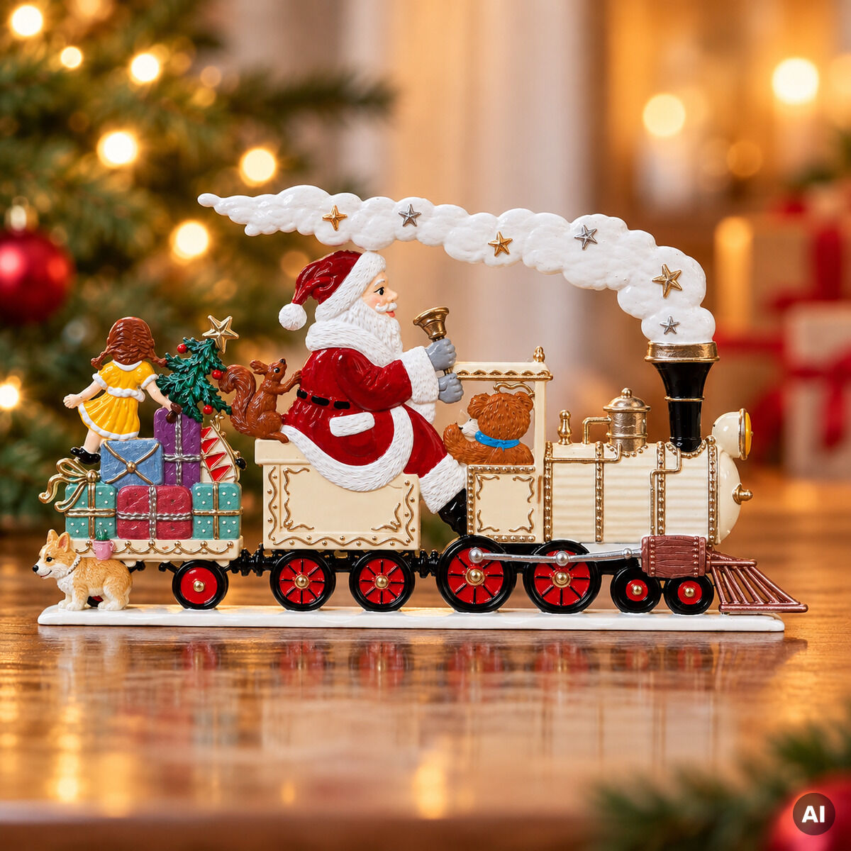 Detaillierte Zinnfigur einer festlichen Lokomotive von Wilhelm Schweizer Zinnmanufaktur: Santa Claus fährt, begleitet von Geschenken, einem Teddybär, Kind und Hund. Dampf mit goldenen Sternen steigt auf, im Hintergrund Tannenbaum und weihnachtliche Stimmung.