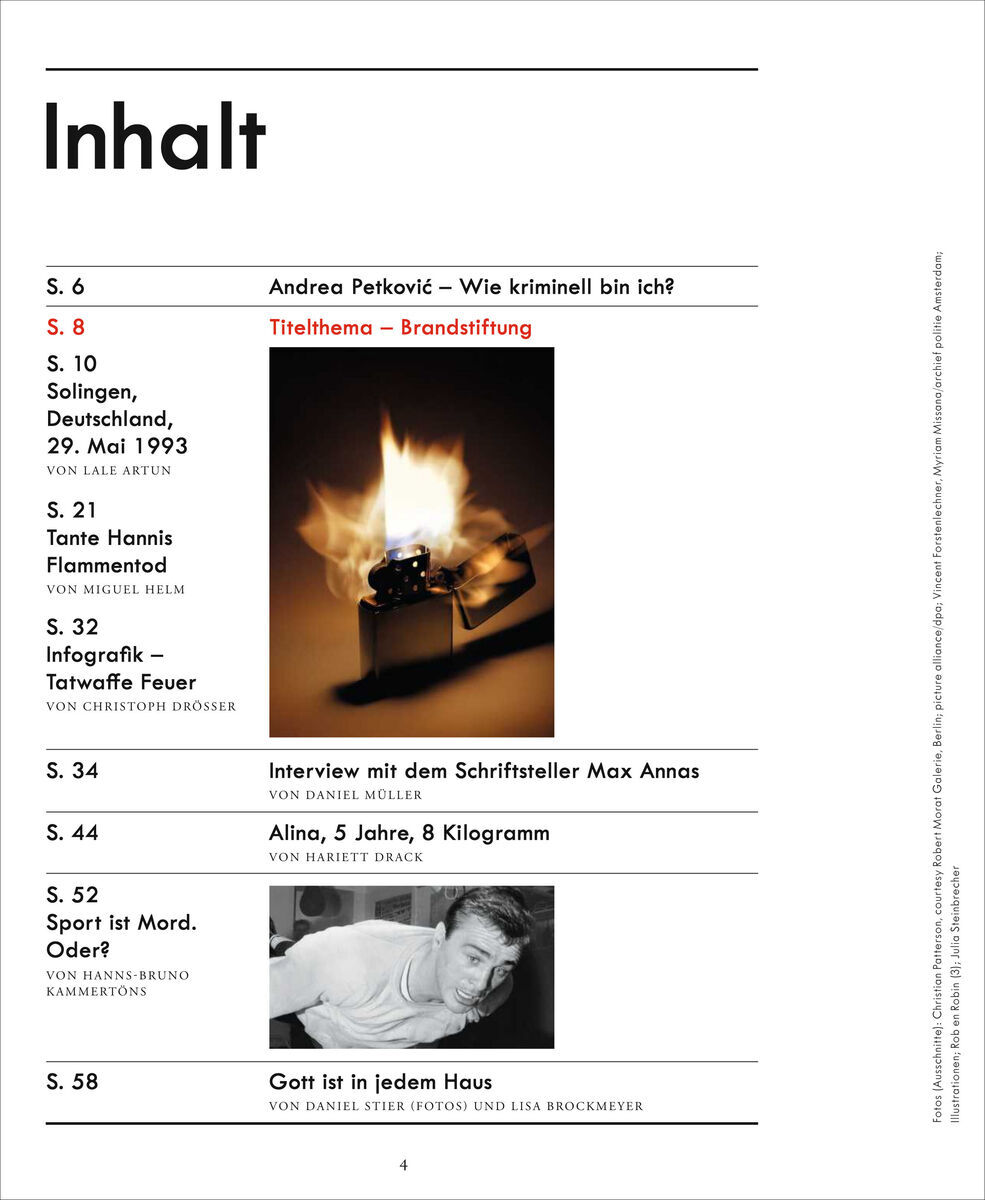 Inhaltsverzeichnis der Zeitschrift ZEIT VERBRECHEN 12/21, oben der Titelinhalt 'Brandstiftung', darunter eine fotografische Nahaufnahme eines angezündeten Feuerzeugs mit hoher Flamme.