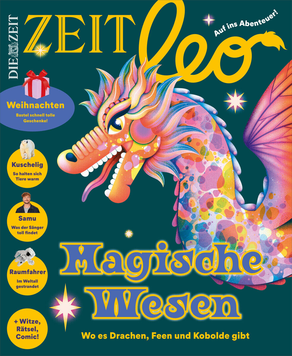 ZEIT LEO 8/24 Magische Wesen Magazin mit einem bunten Drachen auf dem Cover, umgeben von fantastischen Themen und farbenfrohen Illustrationen. Für Kinder geeignet.