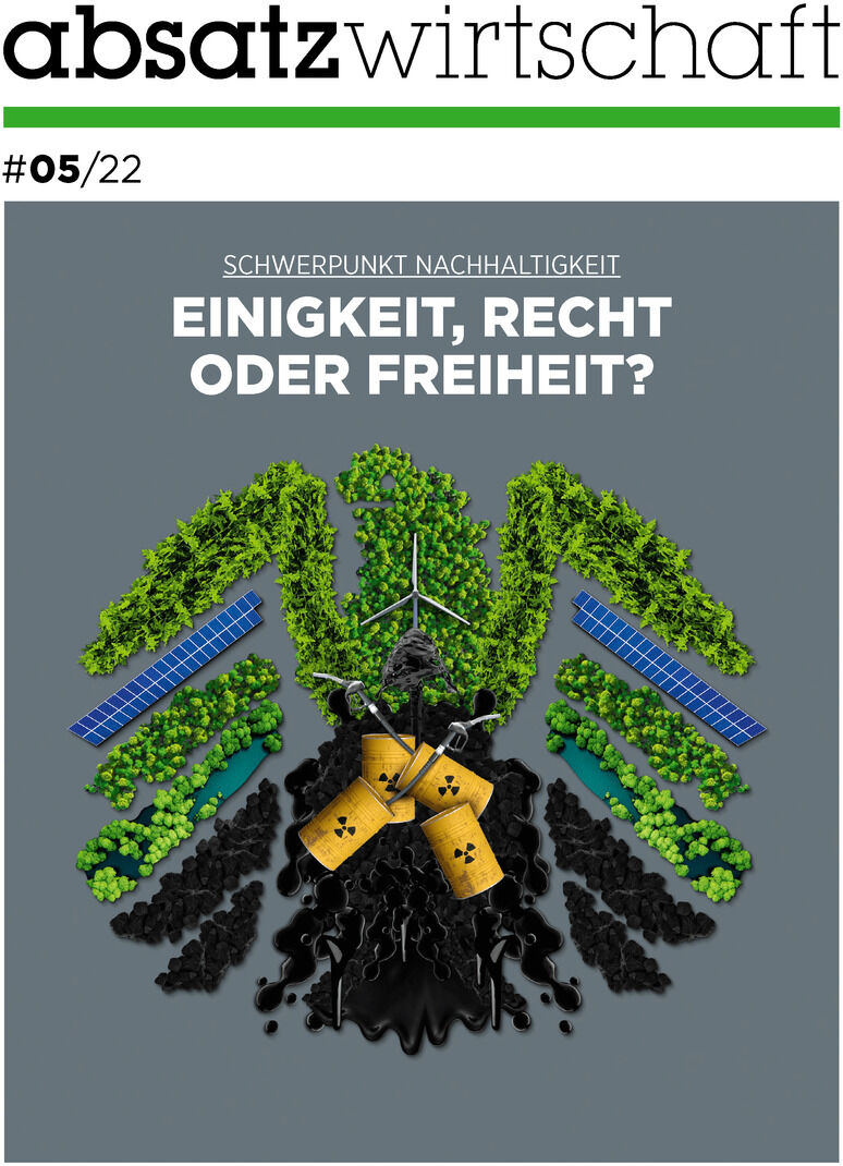 Cover der absatzwirtschaft Ausgabe 5/22. Oben ist der Titel der Zeitschrift in Schwarz-Weiß. Der Schwerpunkt liegt auf Nachhaltigkeit mit der Frage: 'EINIGKEIT, RECHT ODER FREIHEIT?'. Darunter ist eine grafische Darstellung von Bienen, umgeben von grünen Pflanzen, auf dunklem Hintergrund mit Solarzellen und gelben Elementen.