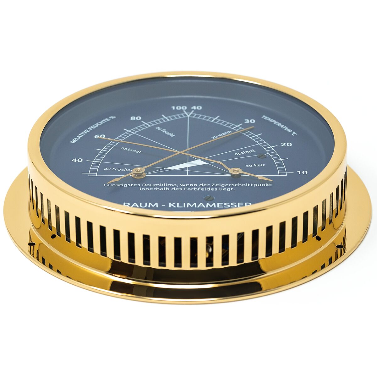 ZEIT Sonderedition Raumklimamesser mit rundem Gehäuse aus poliertem Messing und blauer Anzeige. Das Gerät zeigt Temperatur und Luftfeuchtigkeit an, ist modern gestaltet und liegt auf einem weißen Hintergrund. Elegantes Wohnaccessoire für stilbewusste Nutzer.