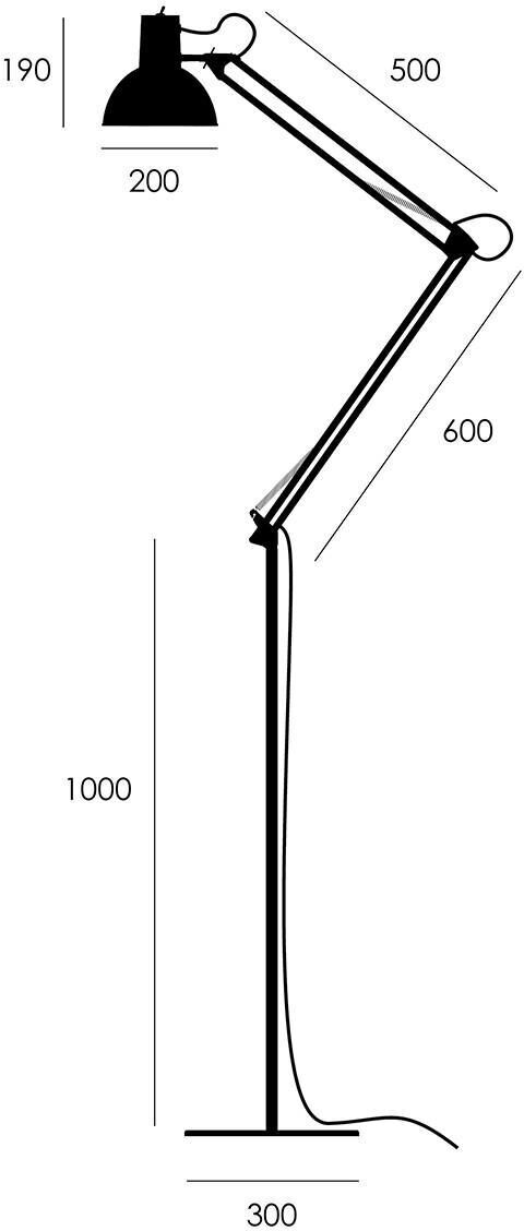 Eine schwarz-weiße Skizze einer Stehleuchte namens »Federzug« - ZEIT-Sonderedition mit verstellbarem Arm und runden Gelenken. Die Höhe der Lampe ist mit 1000 mm angegeben, der Auslegerarm misst 600 mm und der oberste Teil 500 mm. Der Sockel ist 300 mm breit.
