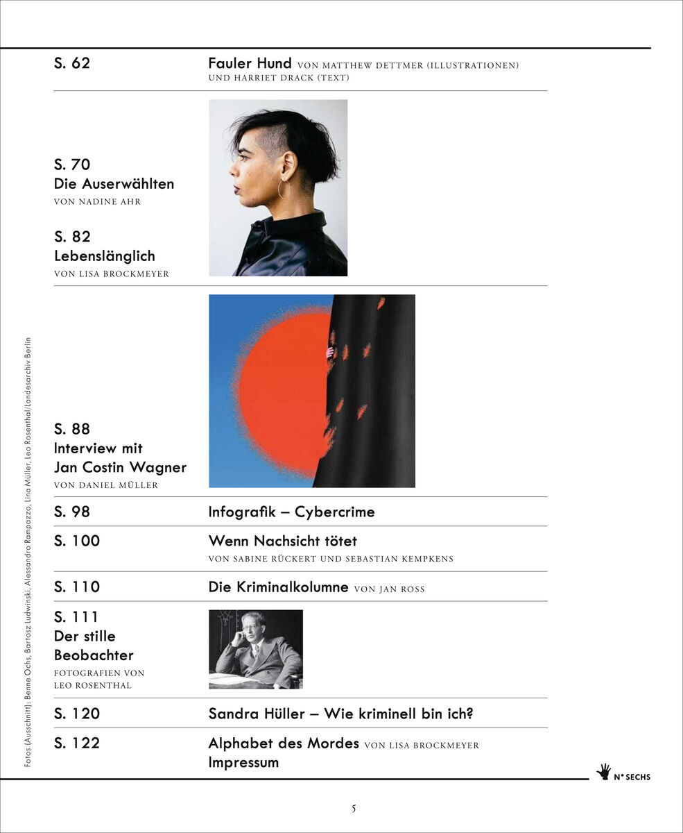 Das Bild zeigt das Titelbild des Magazins ZEIT Verbrechen 6/20 mit verschiedenen Artikelüberschriften und einer Hauptillustration, die einen roten Kreis und eine schwarze Hand darstellt.