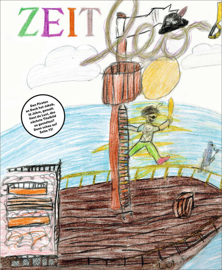 Das Cover der Ausgabe 5/23 des Kindermagazins ZEIT LEO zeigt eine farbenfrohe Zeichnung eines Piratenschiffes auf hoher See. Einer der Masten trägt einen hutähnlichen Gegenstand, der Himmel ist mit weißen Wolken bedeckt und die Sonne scheint hell. Im Vordergrund sind Teile des Schiffsdecks und eine Holztonne zu sehen. Es gibt einen Text in einer Sprechblase, die ein Rätsel ankündigt.
