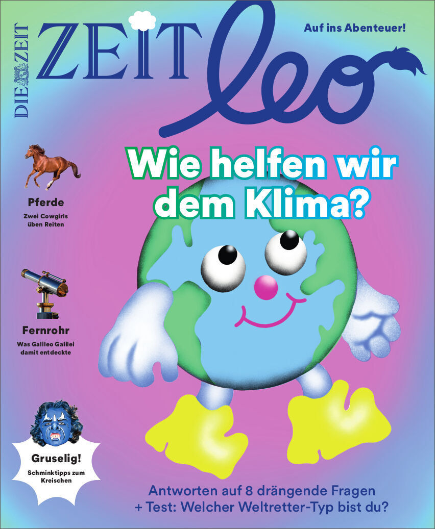 Das Cover der Zeitschrift ZEIT LEO 7/21 zeigt eine lächelnde Erde mit Armen und Beinen vor einem hellblauen Hintergrund. Der Titel lautet 'Wie helfen wir dem Klima?' und richtet sich an Kinder. Verschiedene Artikel und Themen sind angekündigt, einschließlich einer Geschichte über Pferde, ein Fernglas und einen Gruseltest. Die Farben sind hauptsächlich blau, grün, weiß, rosa und violett.