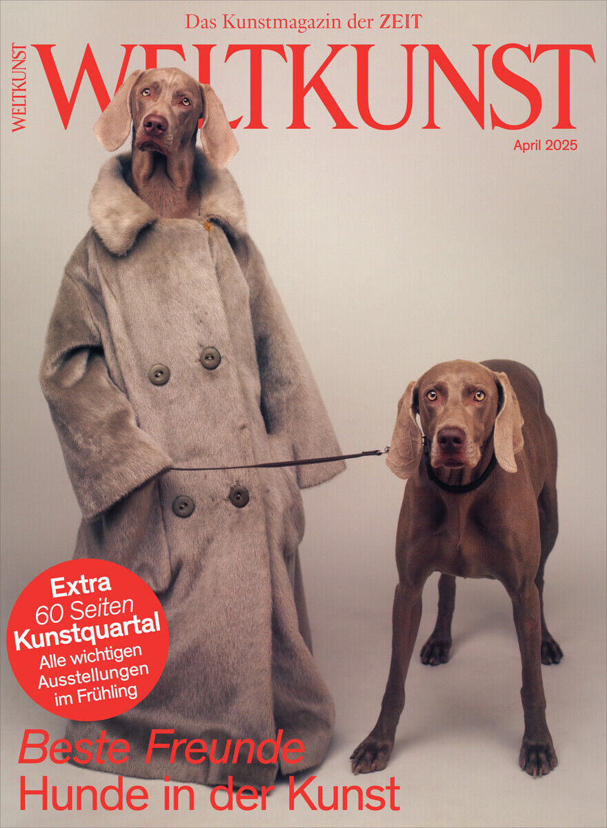 Titelseite des Magazins 'Weltkunst' mit einem Weimaraner-Hund in einem grauen Mantel, während ein anderer Hund daneben steht, umgeben von roten und grauen Tönen.