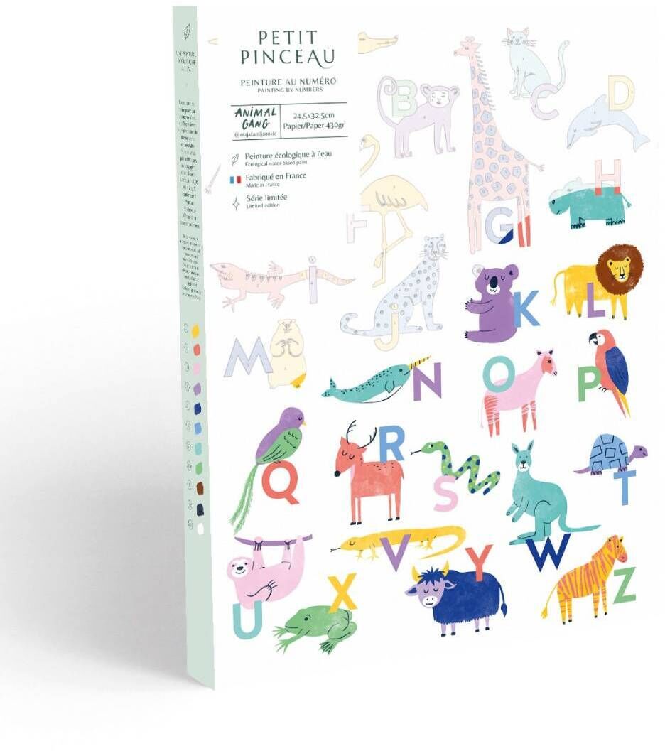 Malen-nach-Zahlen-Set »Animal Gang« von Maja Tomljanovic zeigt ein alphabetisches Tiermotiv. Verschiedene Tiere wie Giraffen, Elefanten, Koalas und Löwen, die in verschiedenen Farben wie Blau, Rot, Gelb und Grün gezeichnet sind und jeweils einen Buchstaben des Alphabets darstellen. Ideal für Kinder als kreatives Lernspielzeug.
