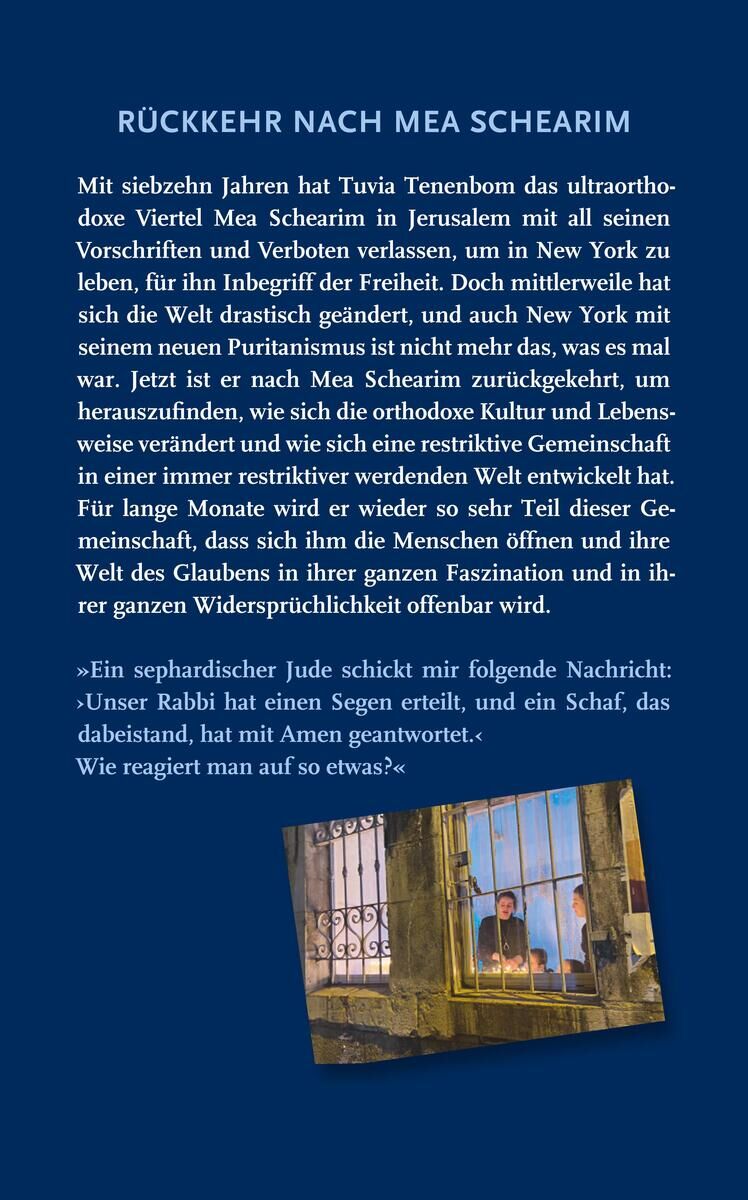 Cover des Buches 'Gott spricht Jiddisch' von Tuvia Tenenbom mit einem Foto von einem Mann in einem Fensterrahmen, unterlegt mit einem blauen Hintergrund und gelbem Text.