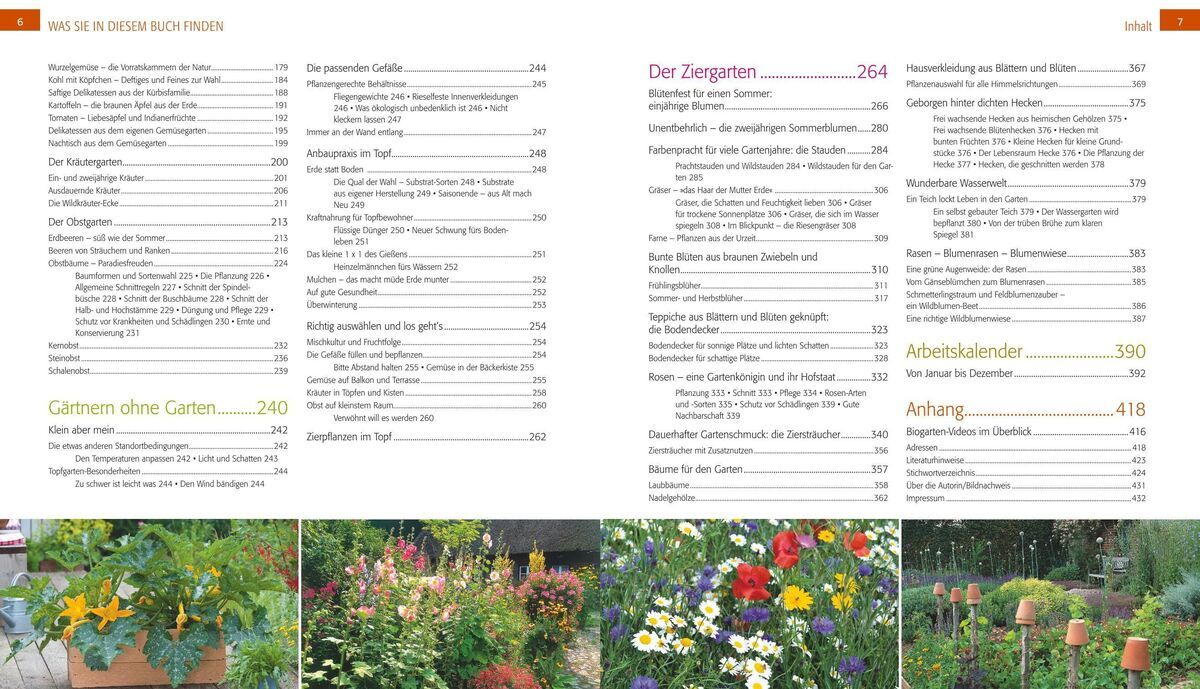 Das Bild zeigt zwei Seiten des Buches 'Der Biogarten' von Marie-Luise Kreuter. Auf der linken Seite sind Inhaltsverzeichnisse für verschiedene Themen wie Gartenarbeit, Pflanzen und Gartenpflege aufgelistet. Die rechte Seite zeigt bunte Gartenbilder darunter Blumenbeete, Gemüseanbau und Gartengeräte.