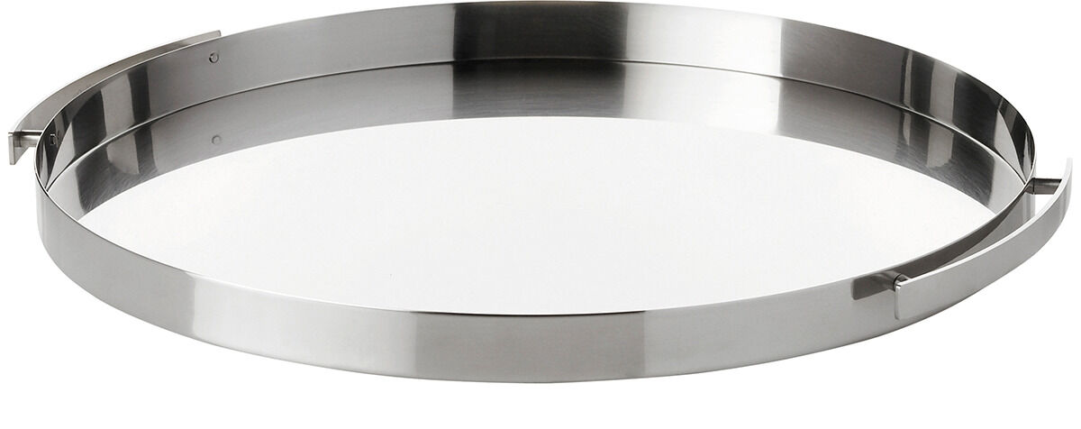 Rundes Serviertablett aus Edelstahl mit minimalistischem Design von Arne Jacobsen, geeignet für moderne Wohnräume und Partys