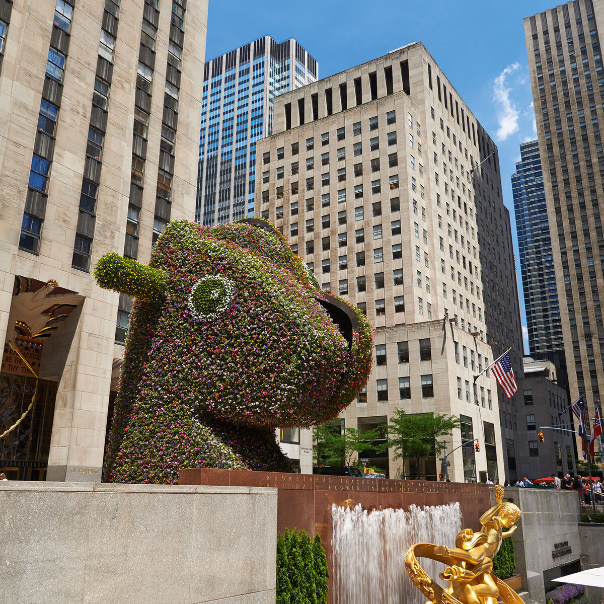 Eine große Skulptur von Jeff Koons namens »Split-Rocker« aus dem Jahr 2012, bestehend aus vielen Pflanzen und Blumen, ist zwischen hohen Bürogebäuden in einem städtischen Zentrum platziert. Die Skulptur hat eine Form, die an ein Spielzeugrockpferd erinnert, und ist mit verschiedenen bunten Blumen bedeckt. Vor der Skulptur ist ein kleiner, mit Pflanzen verzierter Brunnen sichtbar.
