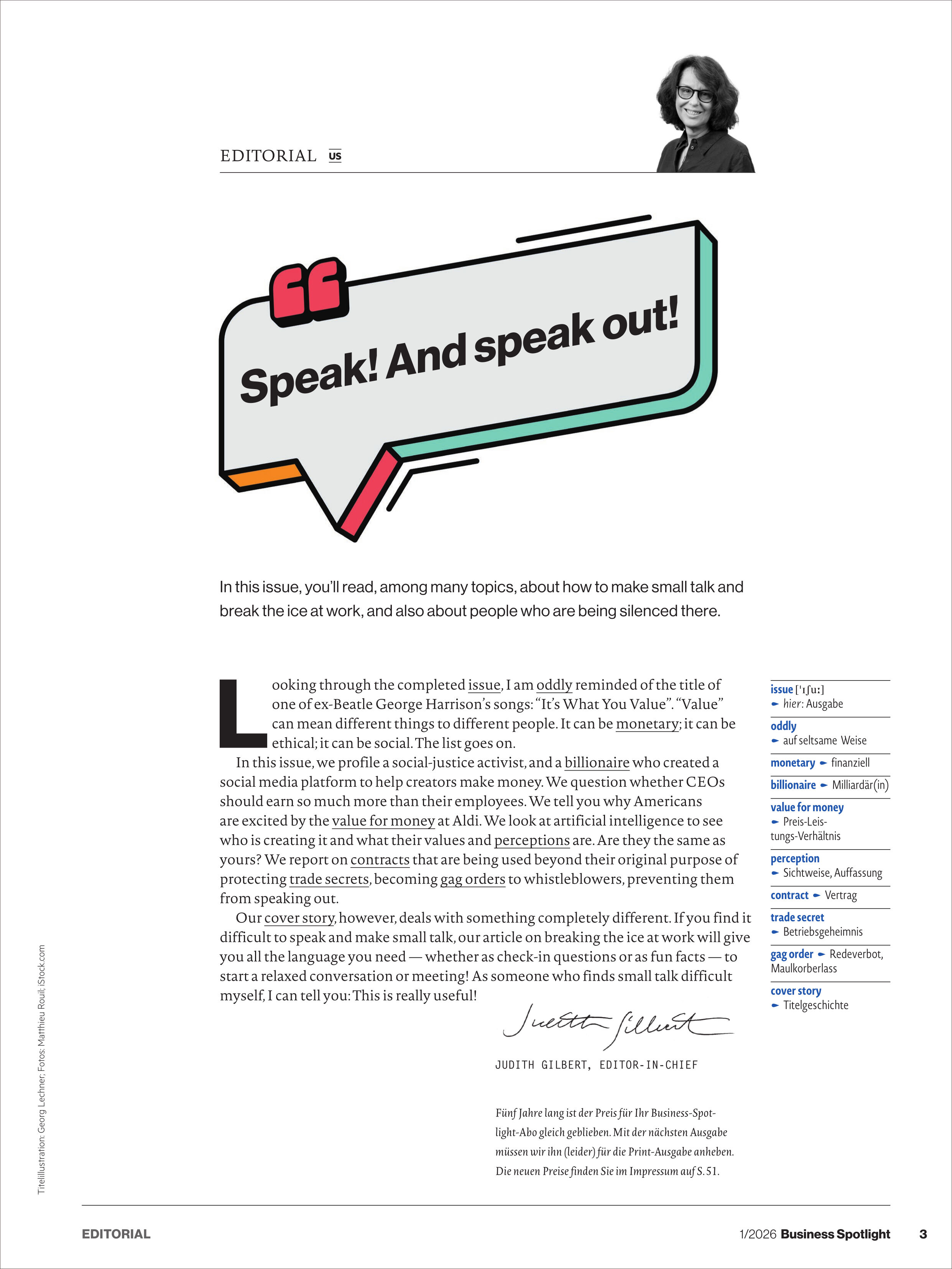 Magazinseite mit redaktionellem Leitartikel. Im Mittelpunkt steht eine große, bunte Sprechblase mit dem Zitat 'Speak! And speak out!'. Links unten beginnt der Fließtext, rechts oben ist ein Autorenfoto der Chefredakteurin. Umrahmt wird das Layout von farbigen grafischen Elementen und viel Weißraum.