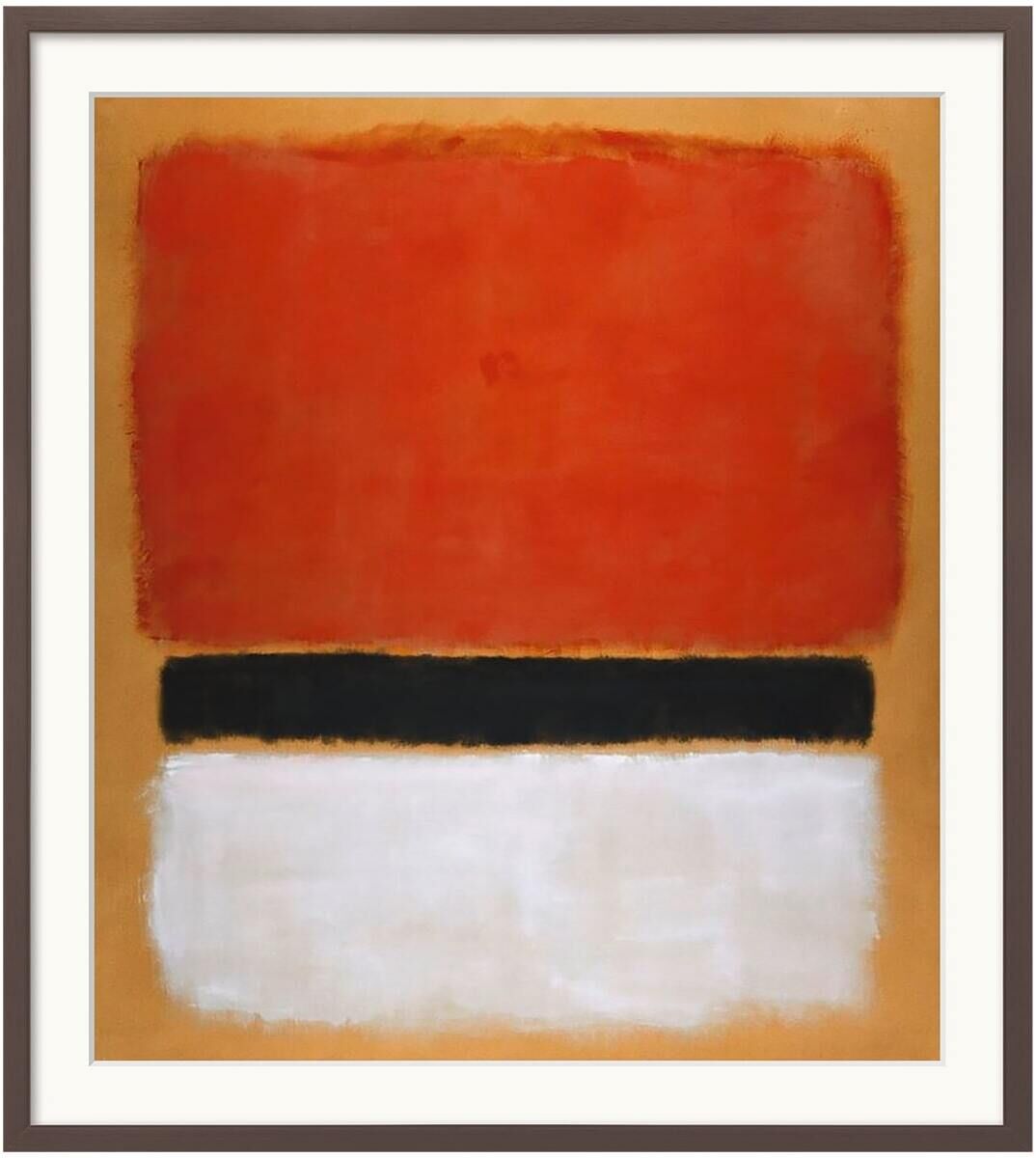 Ein abstraktes Gemälde von Mark Rothko mit einem großen roten Rechteck oben, einem schwarzen Streifen in der Mitte und einem größeren weißen Rechteck unten, alles auf einem gelben Hintergrund.