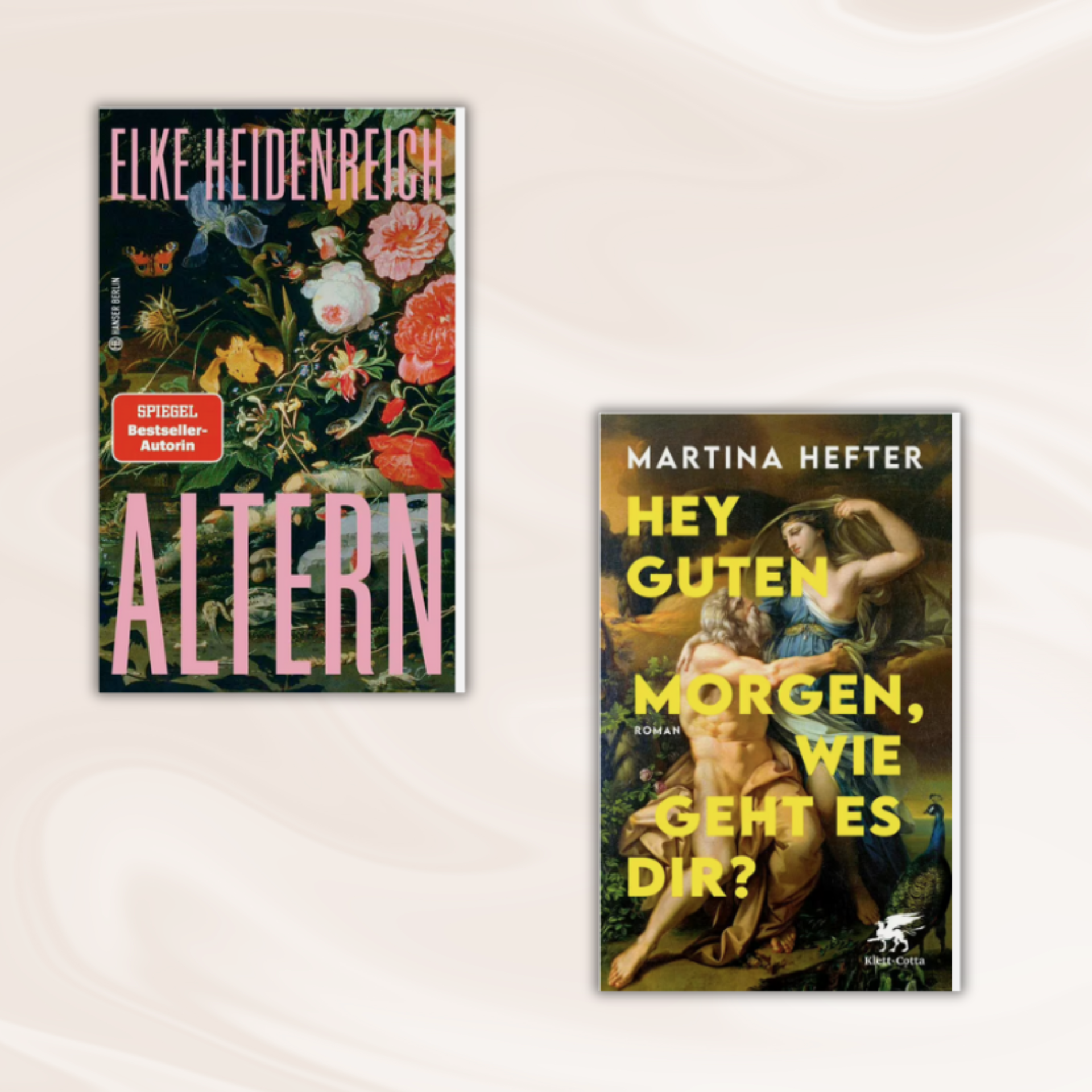 Link zur Kategorie Bücher über die zweite Lebenshälfte: Zwei Buchcover auf hellem, weich gemustertem Hintergrund. Links das Cover von "Altern" von Elke Heidenreich mit bunten Blumen auf schwarzem Grund und großem pinken Titel. Rechts das Cover von "Hey Guten Morgen, wie geht es dir?" von Martina Hefter mit klassischem Gemälde in Gelb- und Beigetönen, darauf gelbe Schrift.