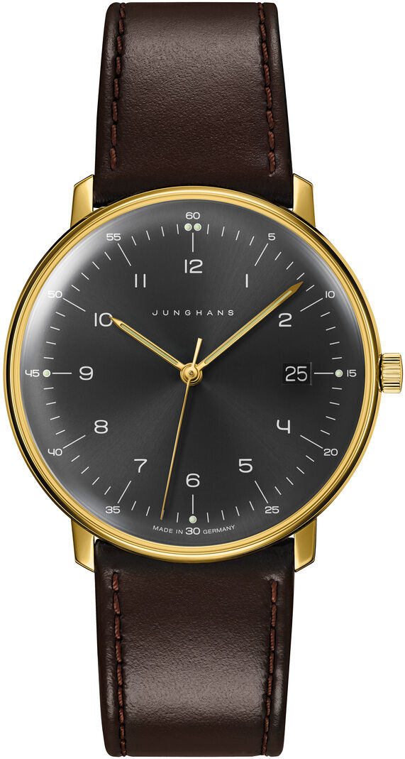 Armbanduhr Junghans ZEIT Sonderedition »max bill« in Anthrazit mit goldfarbenem Gehäuse, braunem Lederarmband, minimalistisches Zifferblatt mit weißen Indizes und Zeigern. Elegantes, zeitloses Design, passend für Designliebhaber und besondere Anlässe.