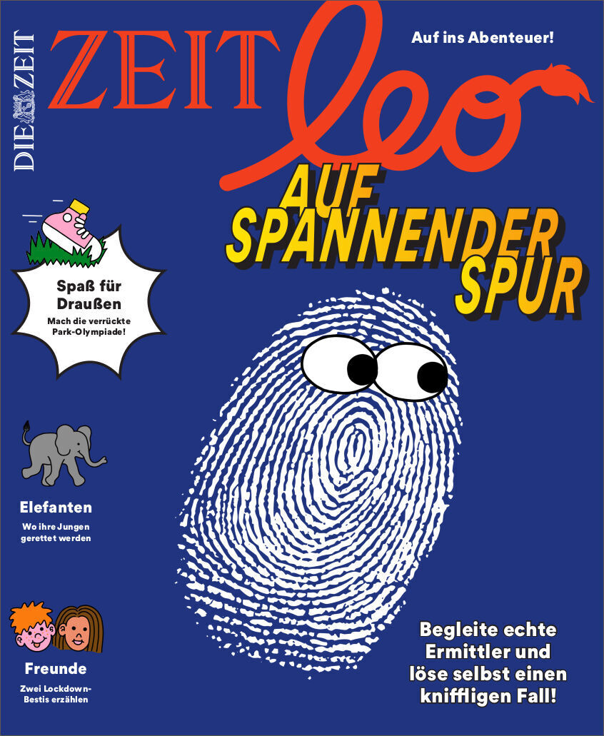 Titelbild der Ausgabe 3/21 des Magazins ZEIT Leo mit dem Titel "Auf spannender Spur". Das Cover zeigt eine graphische Darstellung eines weißen Fingerabdrucks mit Augen auf blauem Hintergrund. Der Titel ist in rot und gelb geschrieben. Slogans wie 'Spaß für Draußen' und Hinweise auf Elefanten und Freunde sind ebenfalls enthalten.