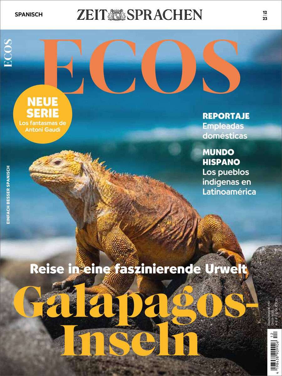 Cover des Ecos Magazins, Ausgabe 12/2023, mit einem großen Bild einer galapagosischen Echse im Vordergrund. Der Hintergrund zeigt blauen Himmel sowie den Text: „Reise in eine faszinierende Urwelt“ und „Galapagos-Inseln“.
