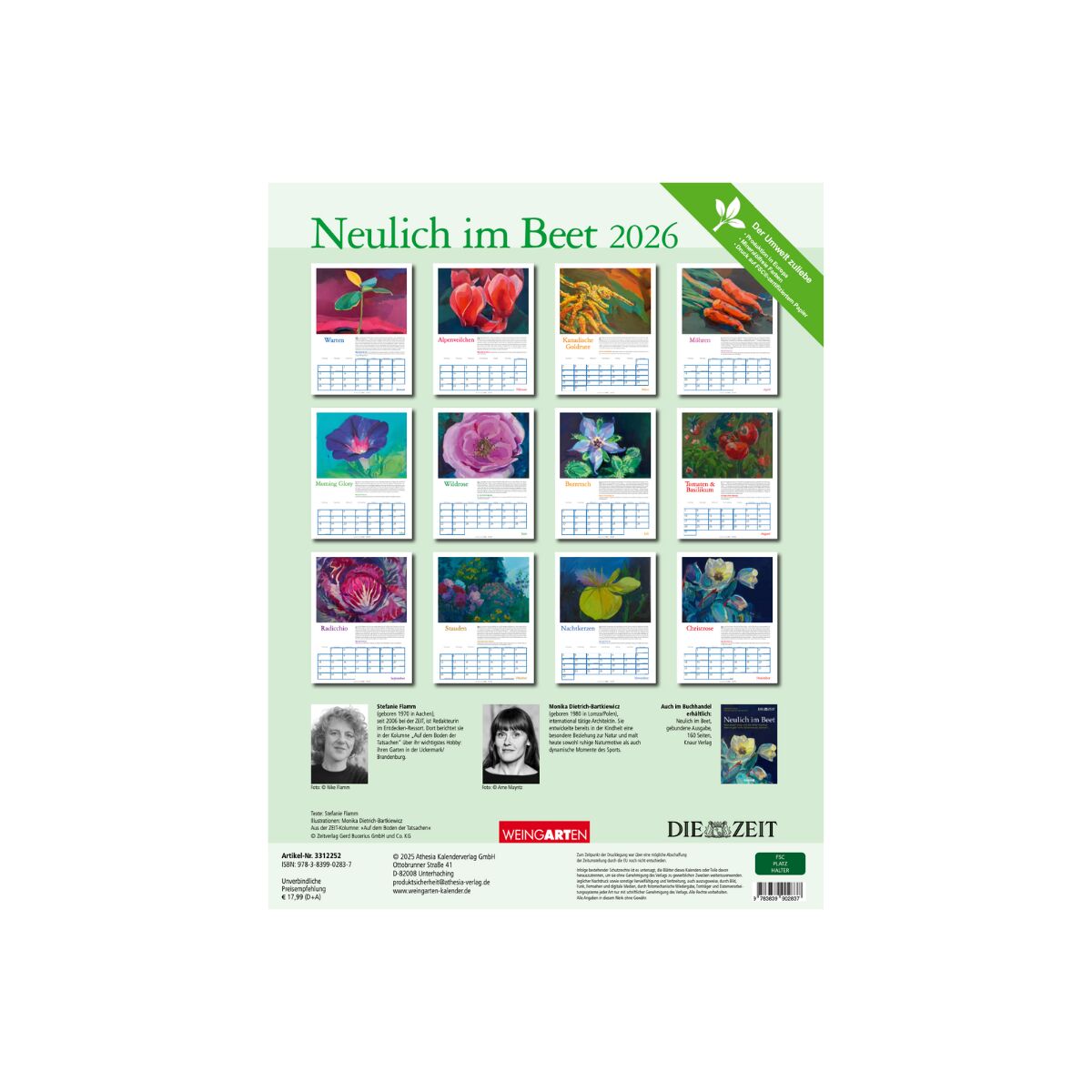 Kalender für 2026 mit dem Titel »Neulich im Beet«, zeigt verschiedene fotografische Darstellungen von Pflanzen und Blumen. Der Titel ist in grüner Schrift oben auf dem Kalender, umgeben von bunten Blüten und Blättermotiven. Geeignet als Geschenk für Garten- und Naturliebhaber.