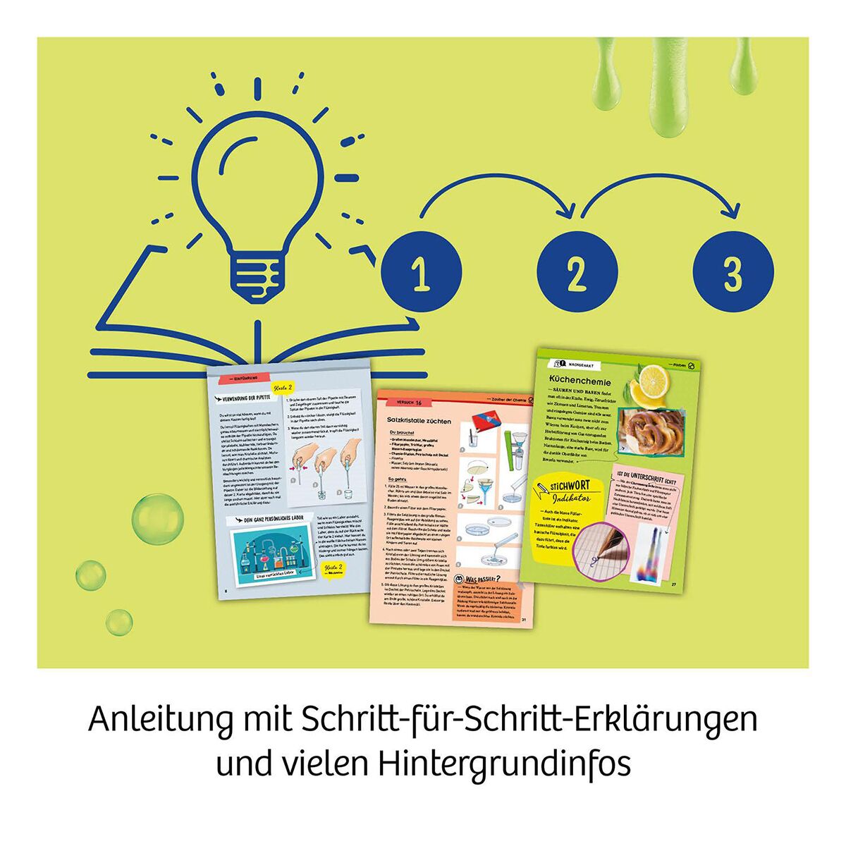 Das Bild zeigt eine farbenfrohe Anleitung mit Schritt-für-Schritt-Erklärungen und Hintergrundinformationen zu Experimenten aus einem Chemiebaukasten für Kinder. Im Hintergrund sind gezeichnete Symbole wie eine Glühbirne, Tropfen und ein aufgeschlagenes Buch zu sehen. Die Präsentation unterstreicht das didaktische Konzept des Experimentiersets zur Förderung naturwissenschaftlicher Kenntnisse.