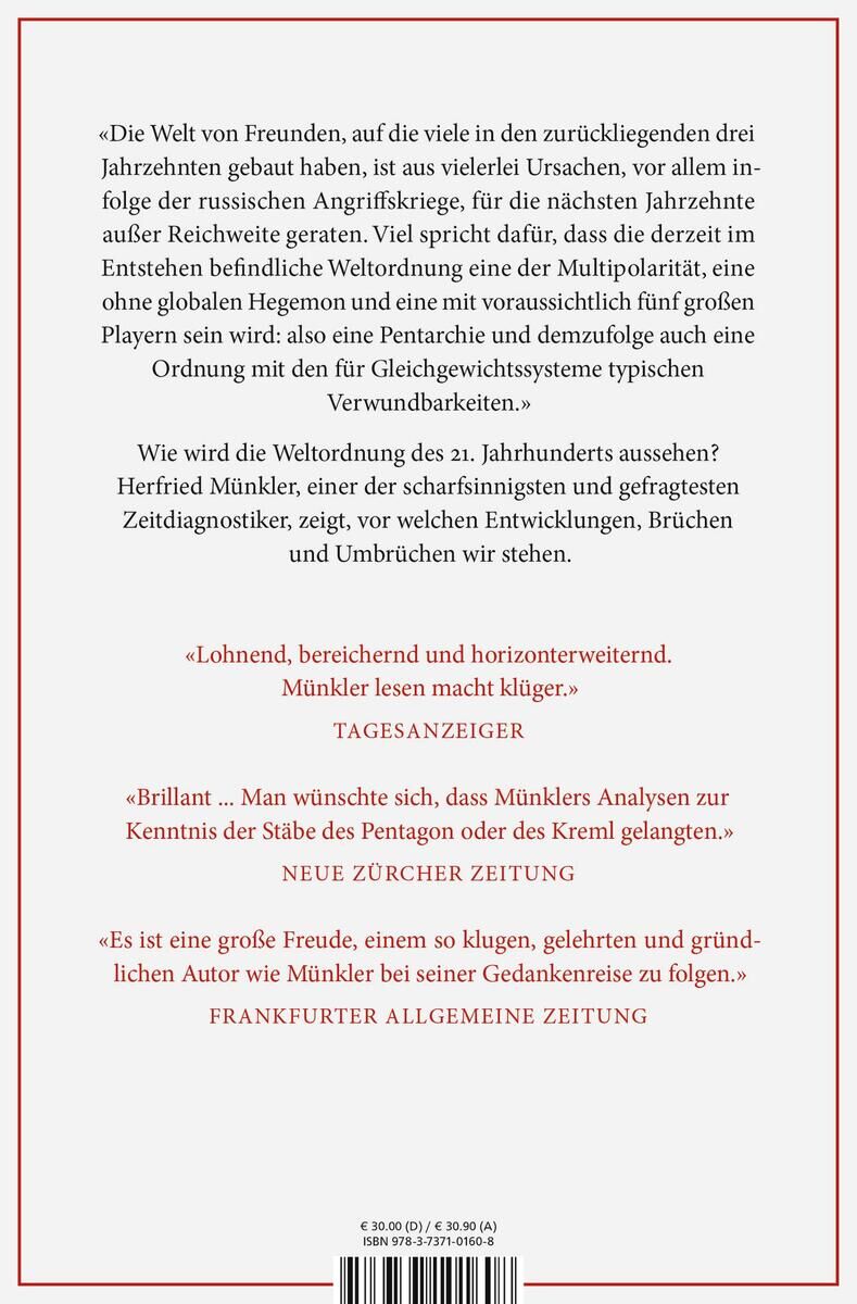 Rückseite des Buches 'Welt in Aufruhr' von Herfried Münkler. Der Text auf der Rückseite enthält Lobeshymnen und Rezensionen verschiedener Zeitungen. Das Design ist schlicht mit einem weißen Hintergrund und rotem Rand.