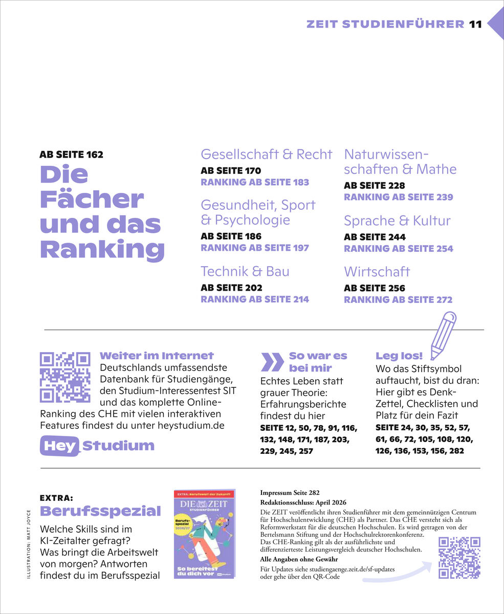 Detailreiche Seite aus dem ZEIT Studienführer 2026/27 mit lila und gelben Akzenten. Übersicht zu Fachrichtungen und Rankings, QR-Code-Verweisen zu Online-Ressourcen, Info-Boxen für Berufsorientierung und Studientipps. Grafische Elemente wie Stifte und Kästen lockern das Layout auf.