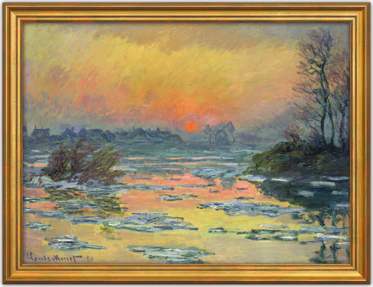 Gemälde von Claude Monet, datiert 1880, zeigt einen Sonnenuntergang über der Seine mit Reflexionen auf dem Wasser und Bäumen im Vordergrund. In warmen und kühlen Farbtönen gehalten.