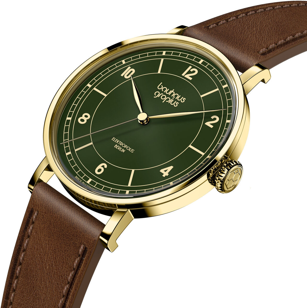 Die olivgrüne ZEIT-Sonderedition Uhr »Elektropolis« von Walter Gropius zeigt ein goldfarbenes Edelstahlgehäuse, ein grün-cremefarbenes Zifferblatt mit weißen Indexen und Zahlen sowie ein braunes Lederarmband. Die Uhr wirkt edel, modern und ist limitiert auf 250 Stück.