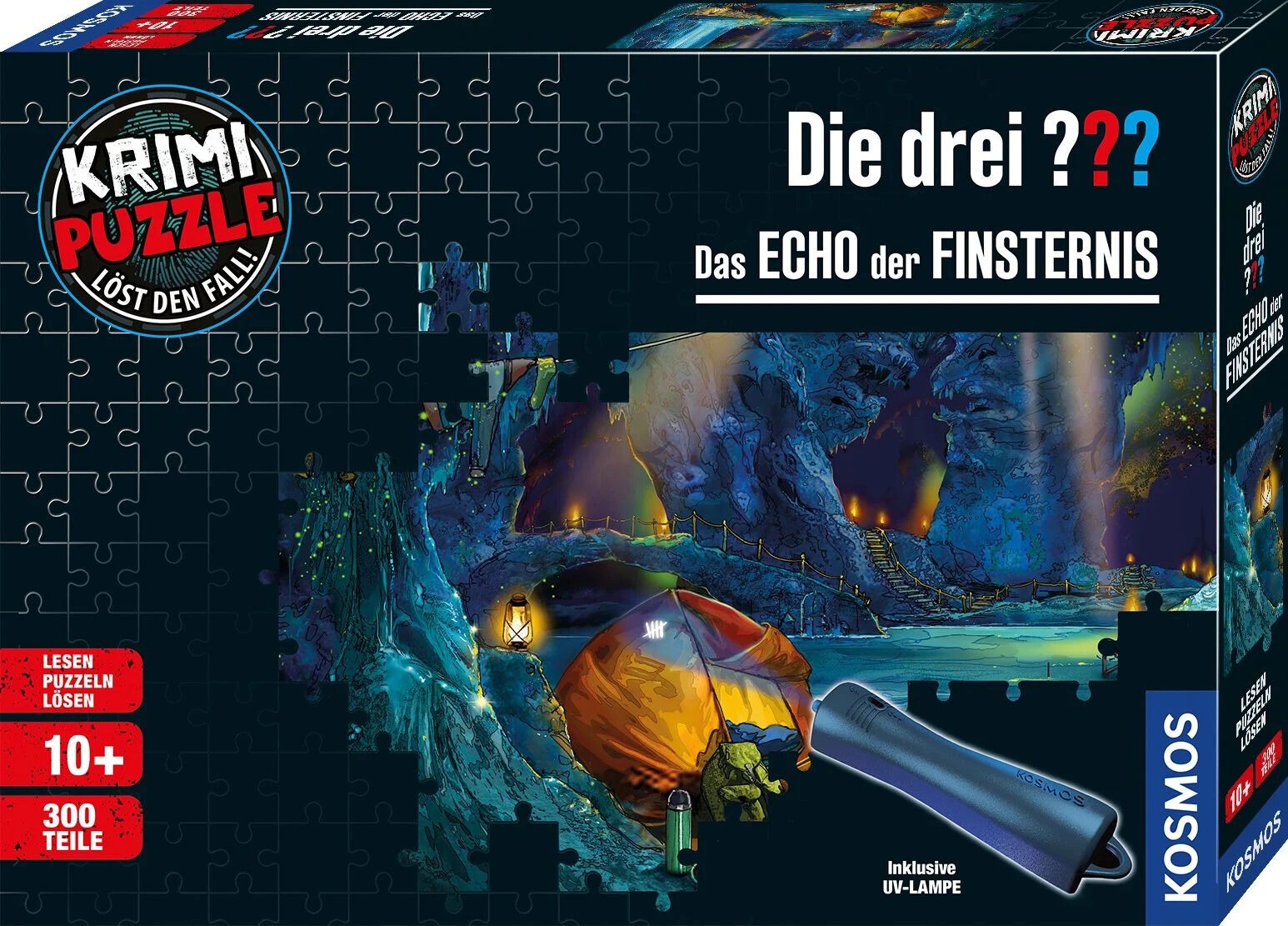 Die Verpackung des Krimi-Puzzles 'Die drei ??? – Das Echo der Finsternis' zeigt eine düstere Höhlenszene mit einem bunten Zelt, Felsen, Wasser und einer beiliegenden UV-Lampe. Das Puzzle enthält 300 Teile und ist für Kinder ab 10 Jahren geeignet.