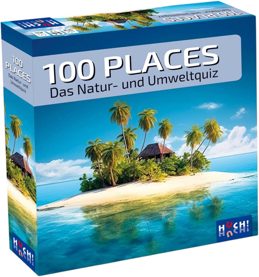Spielverpackung des Natur- und Umweltquiz '100 Places', dargestellt mit einem Bild einer tropischen Insel mit Palmen im Meer unter blauem Himmel. Erstellt von HUCH!