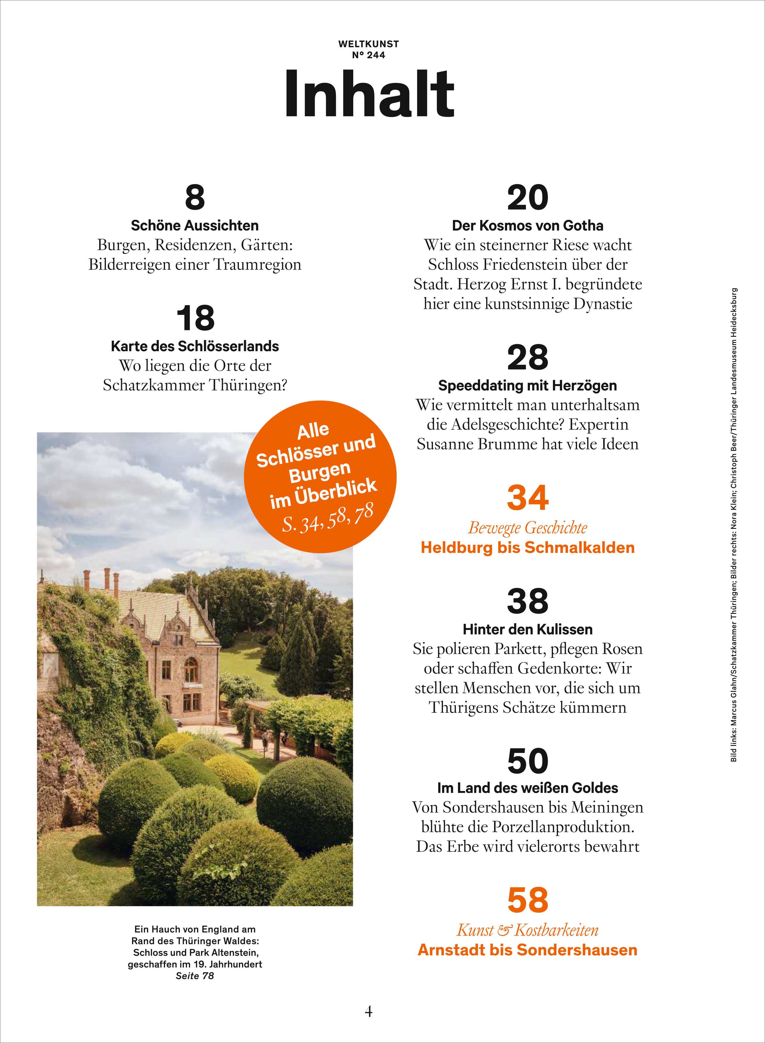 Das Titelbild des Magazins 'WELTKUNST 244/25 Sonderheft Thüringen' zeigt eine Inhaltsübersicht mit Themen über Thüringer Schlösser, Burgen, Residenzen und Kunst. Rechts und links sind schwarze und orange Schrift auf weißem Hintergrund angeordnet, dazu ein großes, helles Foto eines Schlosses in einer grünen Landschaft. Das Design wirkt modern und informativ.