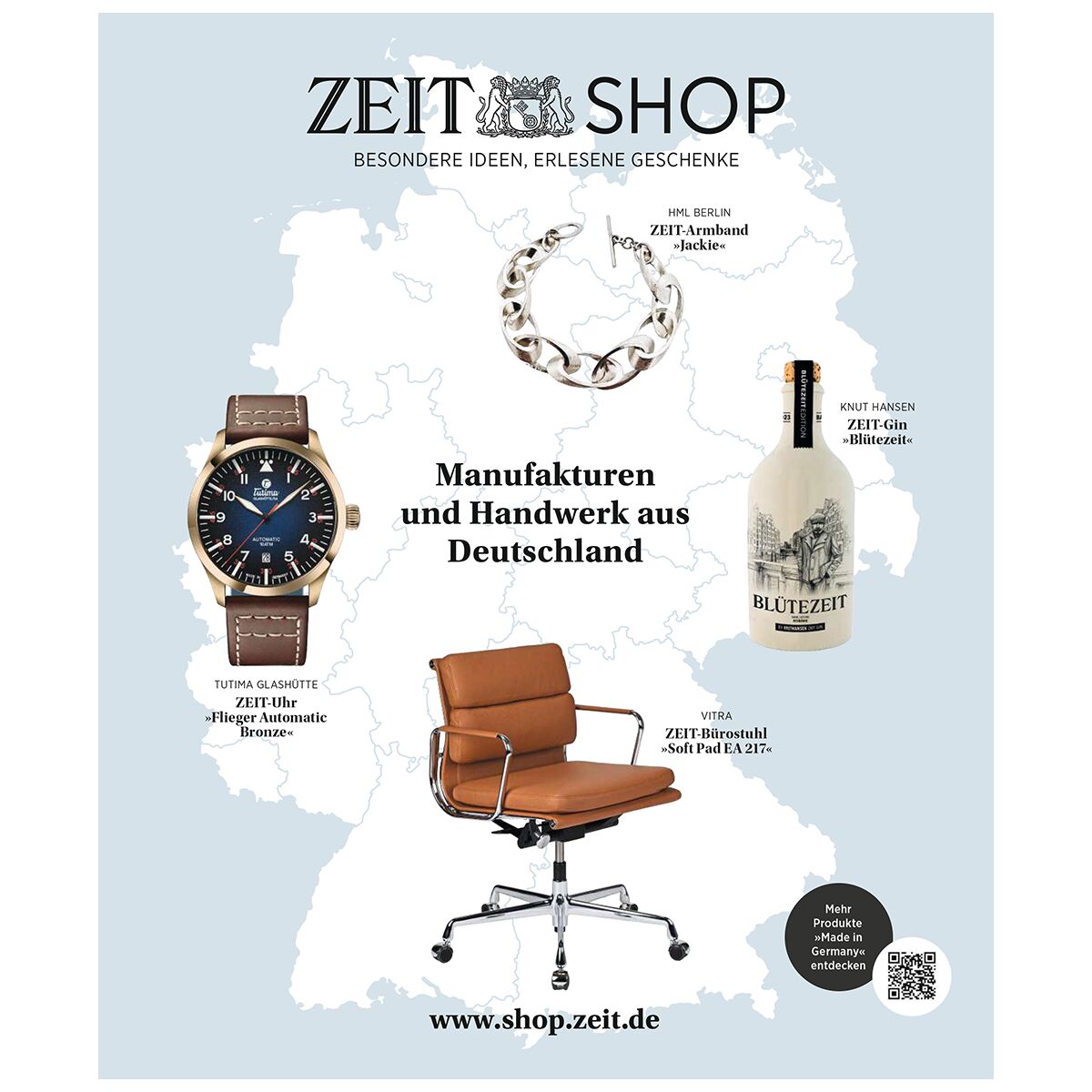 Titelbild eines Katalogs mit dem Titel 'Manufakturen und Handwerk aus Deutschland'. Zu sehen sind eine Armbanduhr mit Lederarmband, ein silbernes Armband, eine Flasche Likör und ein moderner brauner Bürostuhl vor einer hellen Landkarte von Deutschland. Überschrift, kurze Beschreibungen und das Logo des ZEIT Shops ergänzen die Gestaltung.