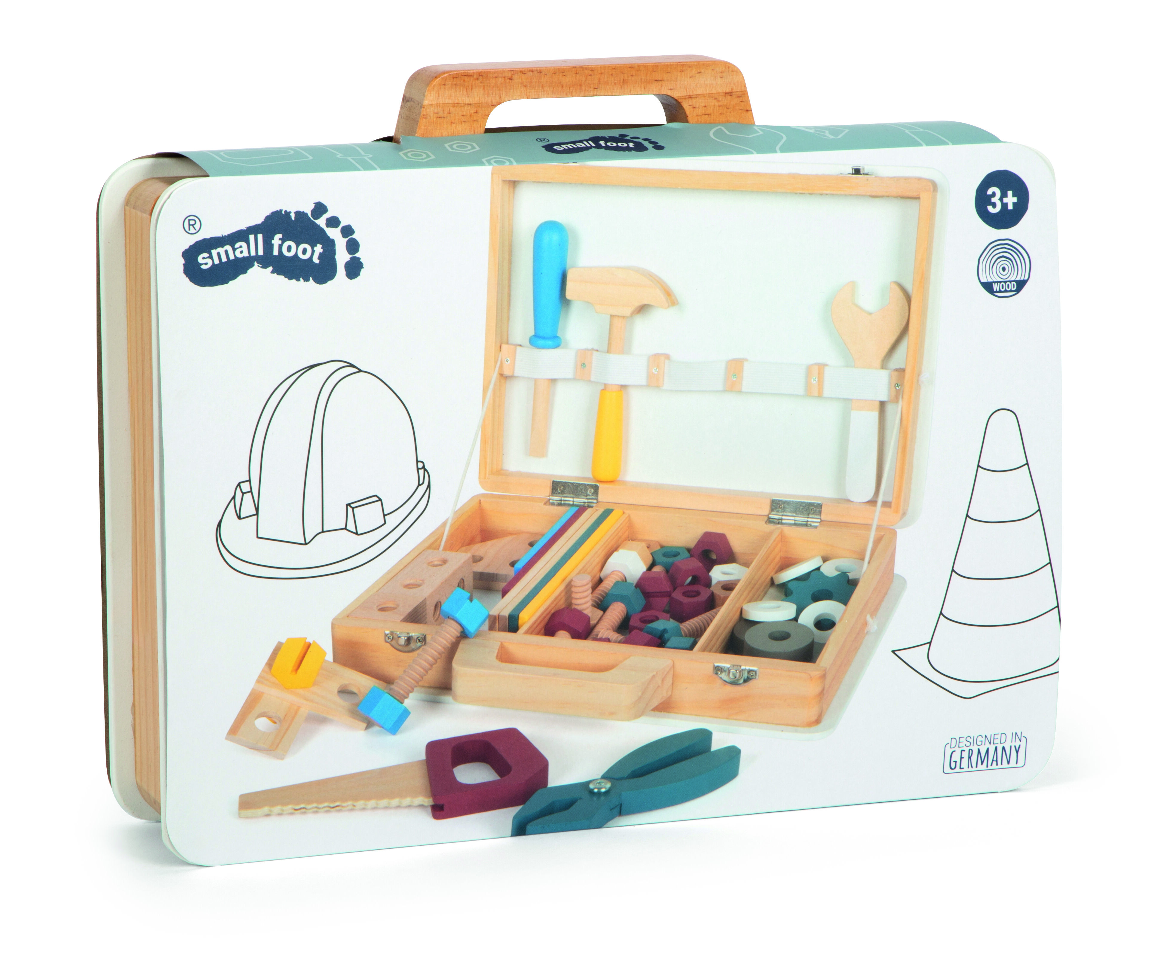 Abgebildet ist ein Werkzeugkoffer aus Holz mit kindgerechten Werkzeugen und Zubehörteilen in sanften Farben. Der Koffer ist geöffnet und zeigt verschiedene Holzwerkzeuge wie Hammer, Zange, Schraubenschlüssel sowie kleine bunte Bauteile. Das Produkt ist für Kinder ab 3 Jahren geeignet und richtet sich besonders an Eltern, die Wert auf pädagogisch sinnvolles Spielzeug legen.