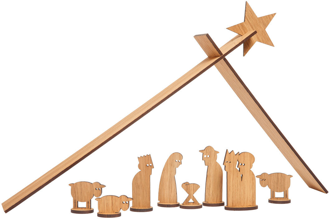 Eine minimalistisches Weihnachtskrippe aus Holz mit Figuren der Heiligen Familie, einem Stern und Tieren. Die Szene ist in einem einfachen, modernen Design gehalten.