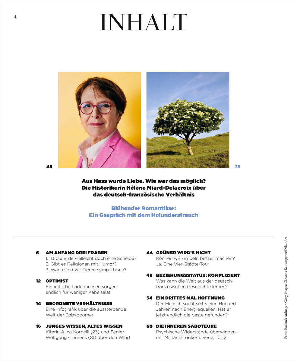 Cover der Ausgabe 4/23 von ZEIT WISSEN mit dem Titel 'Kann man Stil lernen?'. Oben steht 'INHALT' und umfasst ein Bild einer Brillen tragenden Frau auf der linken und ein Baum in der Mitte. Unten steht eine Inhaltsübersicht.