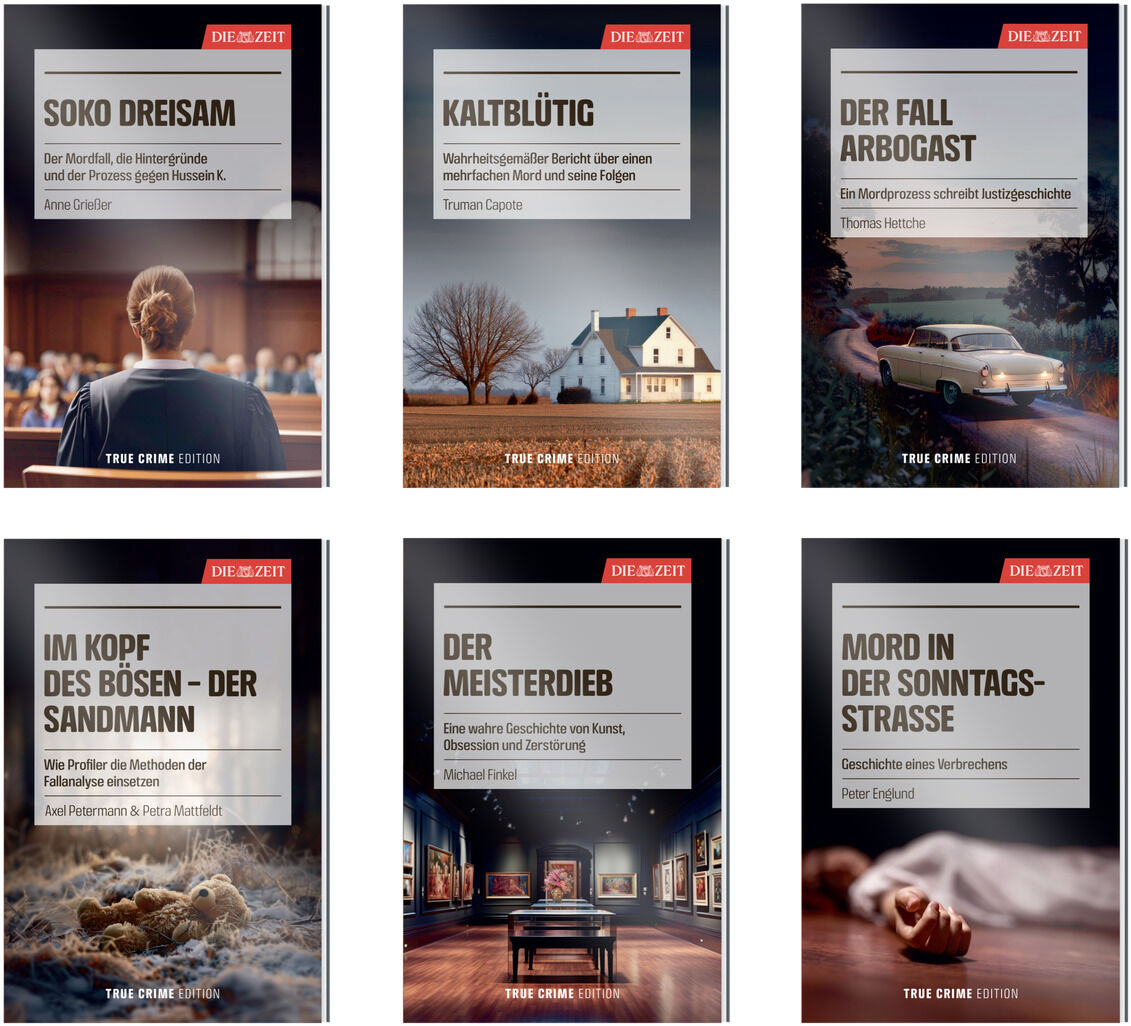 Cover der ZEIT-Edition 'True Crime', eine Sammlung von Büchern über Kriminalfälle, illustriert mit Bildern zu den jeweiligen Themen.