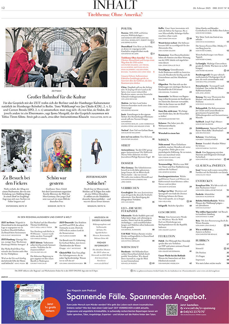 Seite mit dem Inhaltsverzeichnis einer Ausgabe der Zeitung DIE ZEIT. Oben links eine Abbildung einer Diskussion zwischen mehreren Personen. Textzeilen und Bilder in der Mitte und am Rand. Unten Werbung. Farben: Weiß, Schwarz, Blau, Rot und Gelb.
