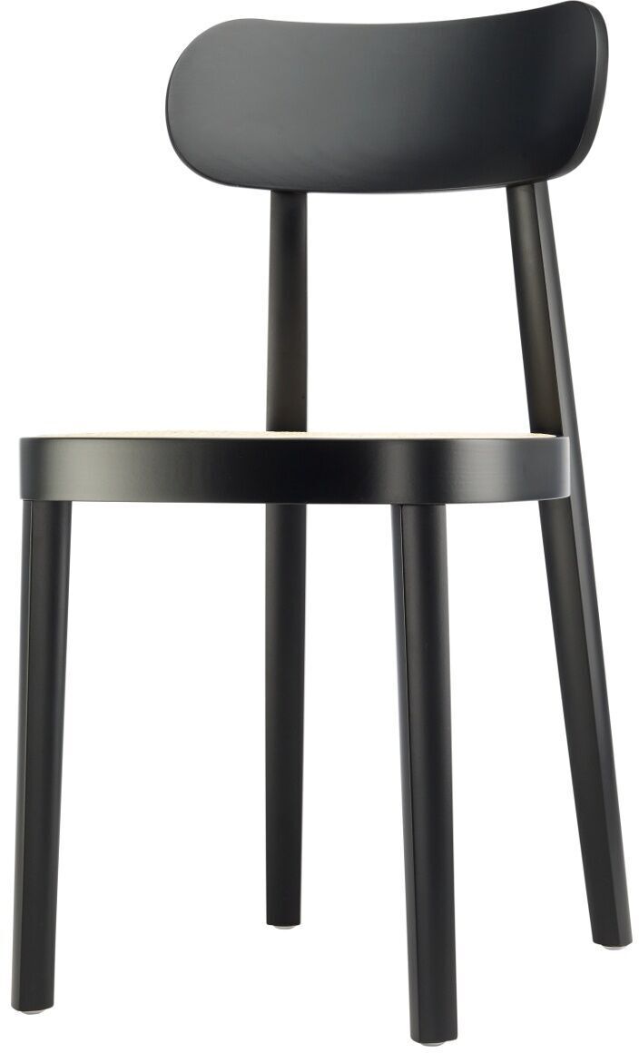 Schwarzer Thonet Stuhl Modell 118, minimalistisch gestaltet mit Holzmaterial, geeignet für Esszimmer und Wohnzimmer.