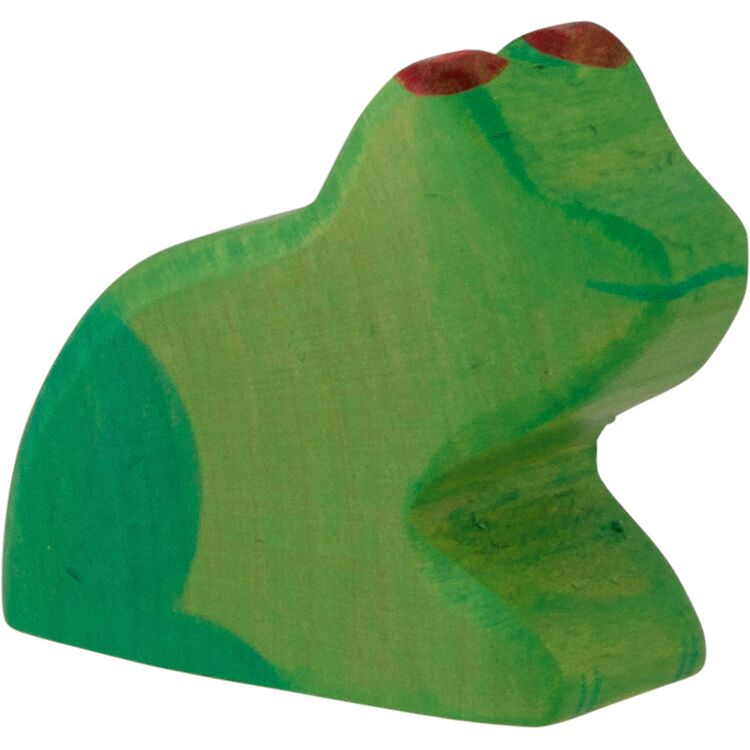 Handbemalte Holzfigur eines grünen Frosches aus einem großen Waldtiere-Set, geeignet als nachhaltiges Spielzeug oder Dekoration für Kinder. Die Figur steht aufrecht und zeigt eine natürliche, kindgerechte Gestaltung.