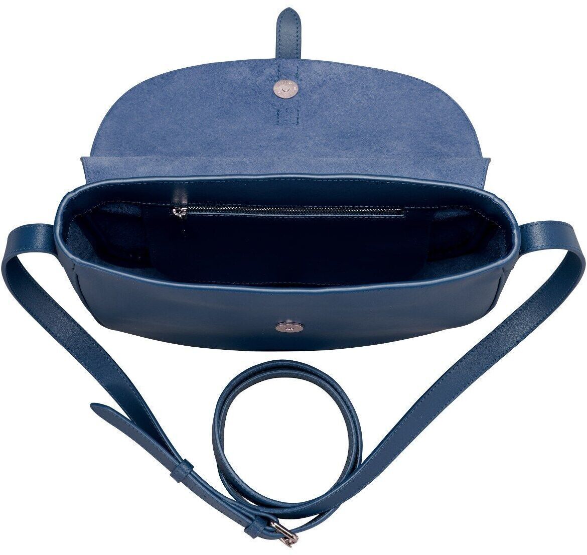 Blaues Leder-Saddle Bag Femme Umhängetasche mit langem Schulterriemen, geöffnetem Hauptfach und einem funkelnden Verschluss.