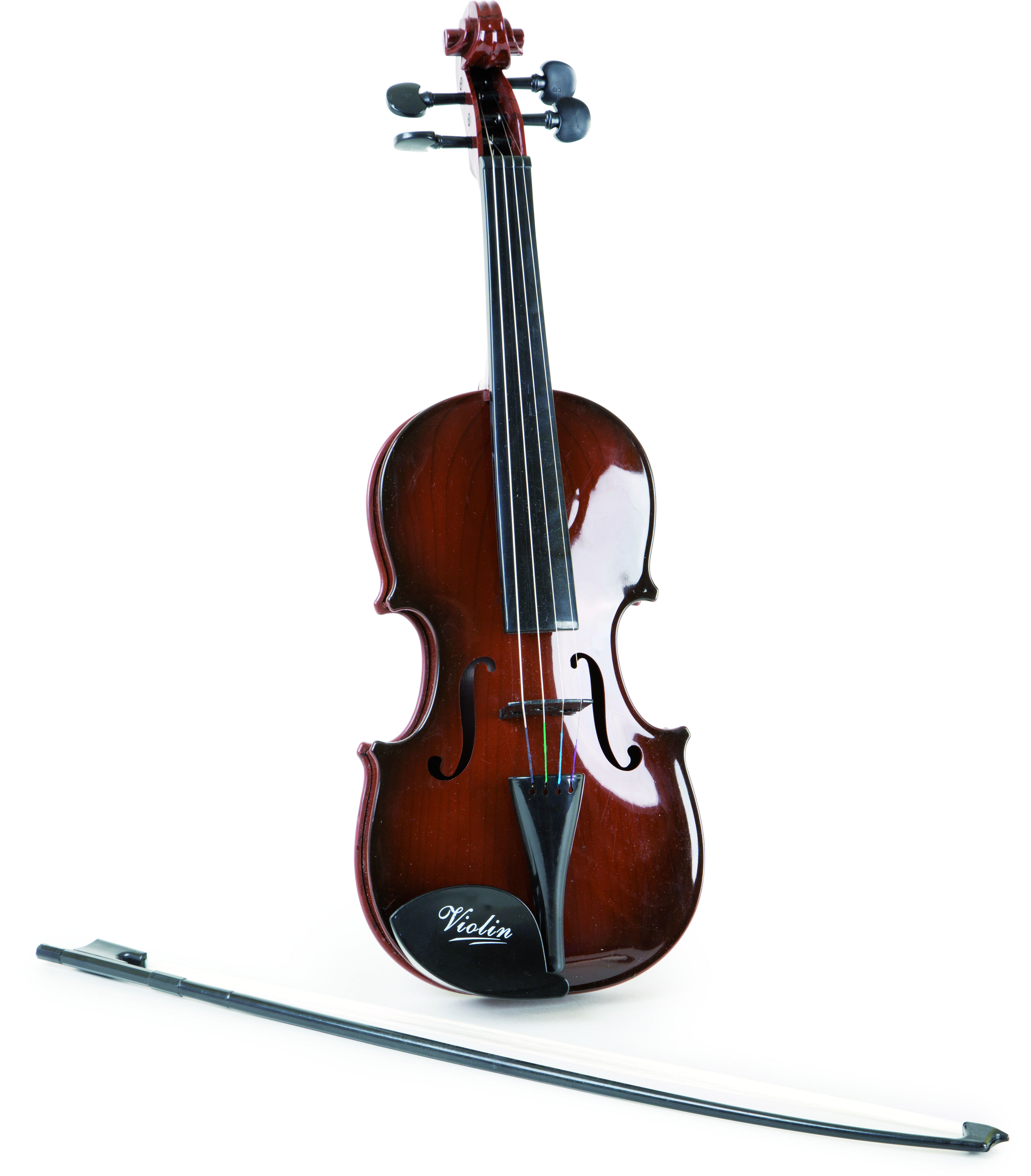 Eine klassische Violine mit einem Bogen. Das Instrument hat eine glänzende rotbraune Oberfläche und schwarze Steg- und Griffbrettbestandteile. Es ist ein typisches Streichinstrument, das in Orchestern und für klassische Musik verwendet wird.