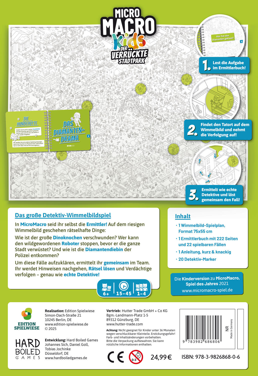 Die Rückseite der Verpackung des Kinderspiels 'MicroMacro KIDS Der verrückte Stadtpark' zeigt eine große Wimmelbildkarte, eine Sammlung an Hinweiskarten und eine Spielbeschreibung. Das Design ist farbenfroh mit Grüntönen und kinderfreundlichen Zeichnungen sowie Informationen und Logos rund um das Detektivspiel für Familien und Kinder.