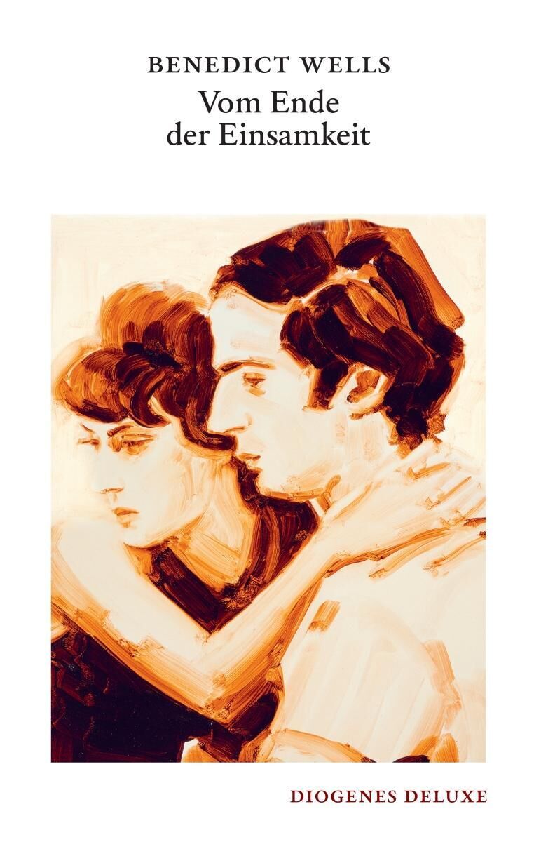 Buchcover von Benedict Wells' 'Vom Ende der Einsamkeit', veröffentlicht von Diogenes Deluxe. Das Cover zeigt ein gemaltes Porträt von einem Mann und einer Frau in Erdtönen wie Braun und Beige. Oben stehen der Titel des Buches und der Name des Autors.