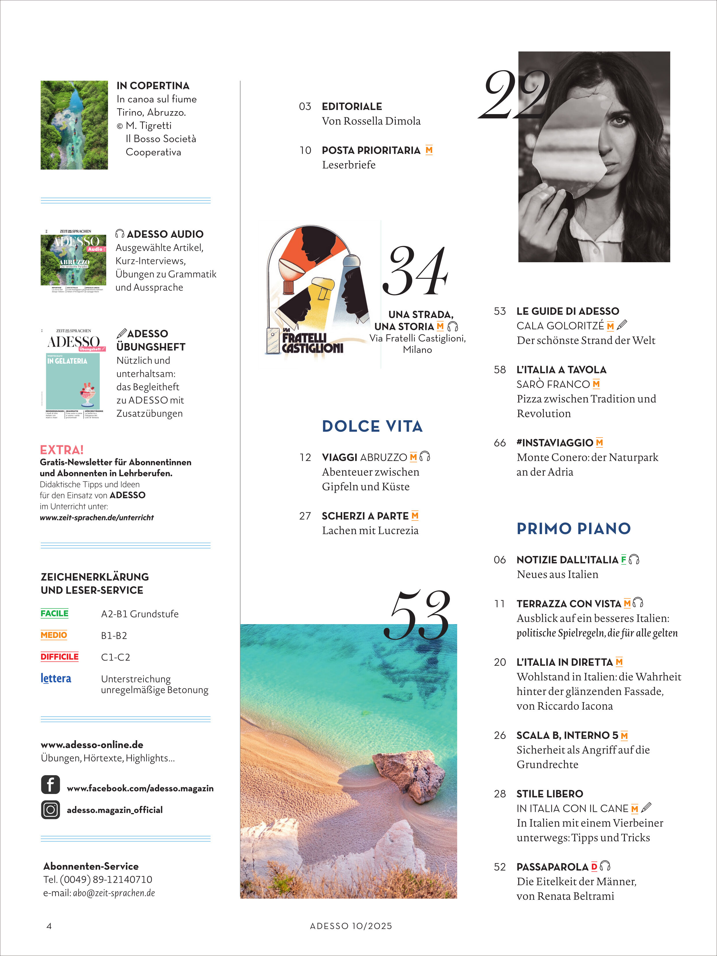 Das Cover des Adesso Magazin 10/2025 zeigt ein übersichtliches Inhaltsverzeichnis auf weißem Hintergrund mit Bildern einer italienischen Strandlandschaft und einer Frau mit einem Buch. Farbige Symbole und Überschriften heben die kulturellen und literarischen Themen hervor. Das Magazin richtet sich an alle, die sich für italienische Sprache, Kultur und Reisen interessieren.