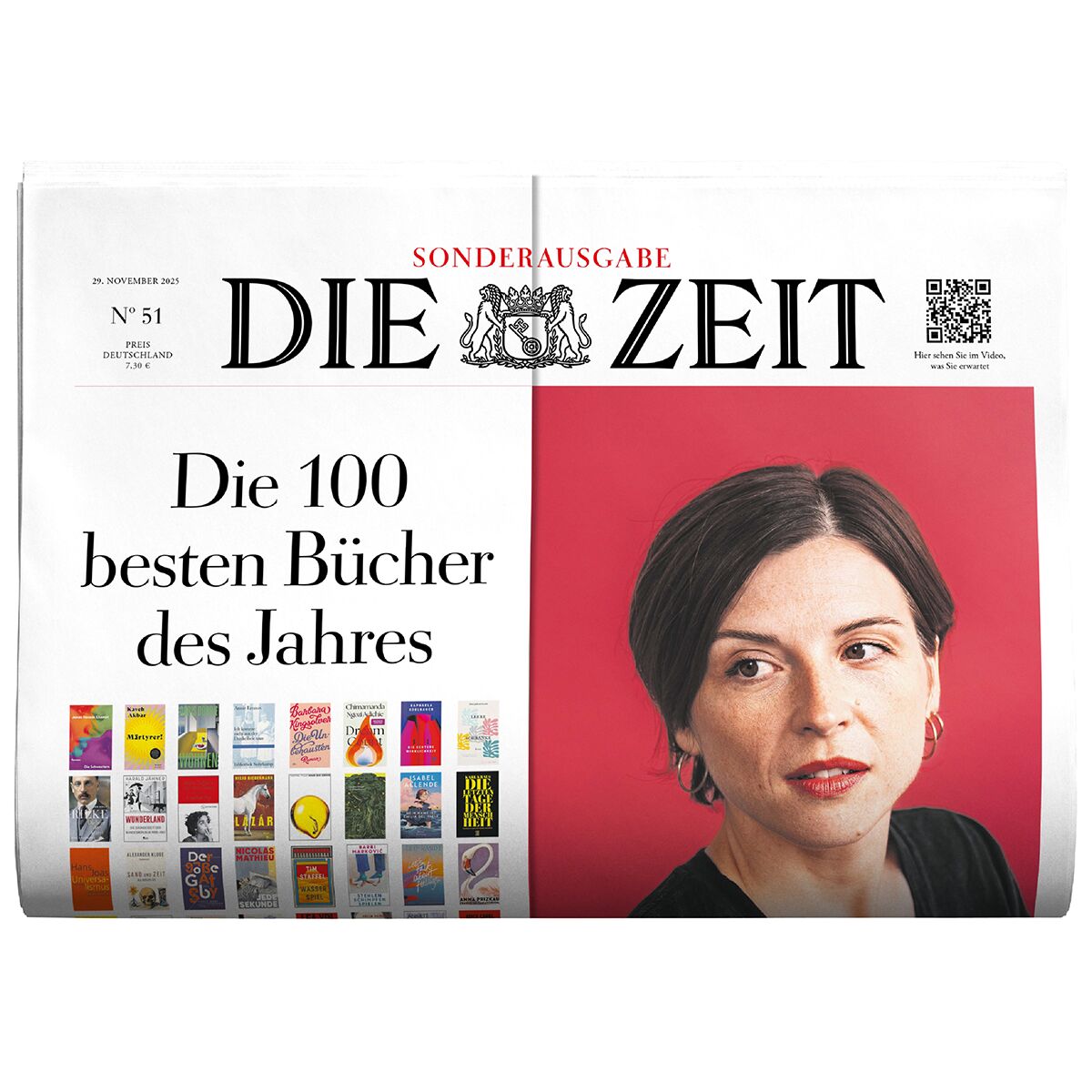 Titelbild der Wochenzeitung DIE ZEIT 51/2025 in Sonderausgabe. Links groß der Text: „Die 100 besten Bücher des Jahres“, darunter kleine Buchcover. Rechts ein Porträtfoto einer Frau vor rotem Hintergrund. Oben mittig das Zeitungslayout mit Logo, Datum und weiteren Angaben.